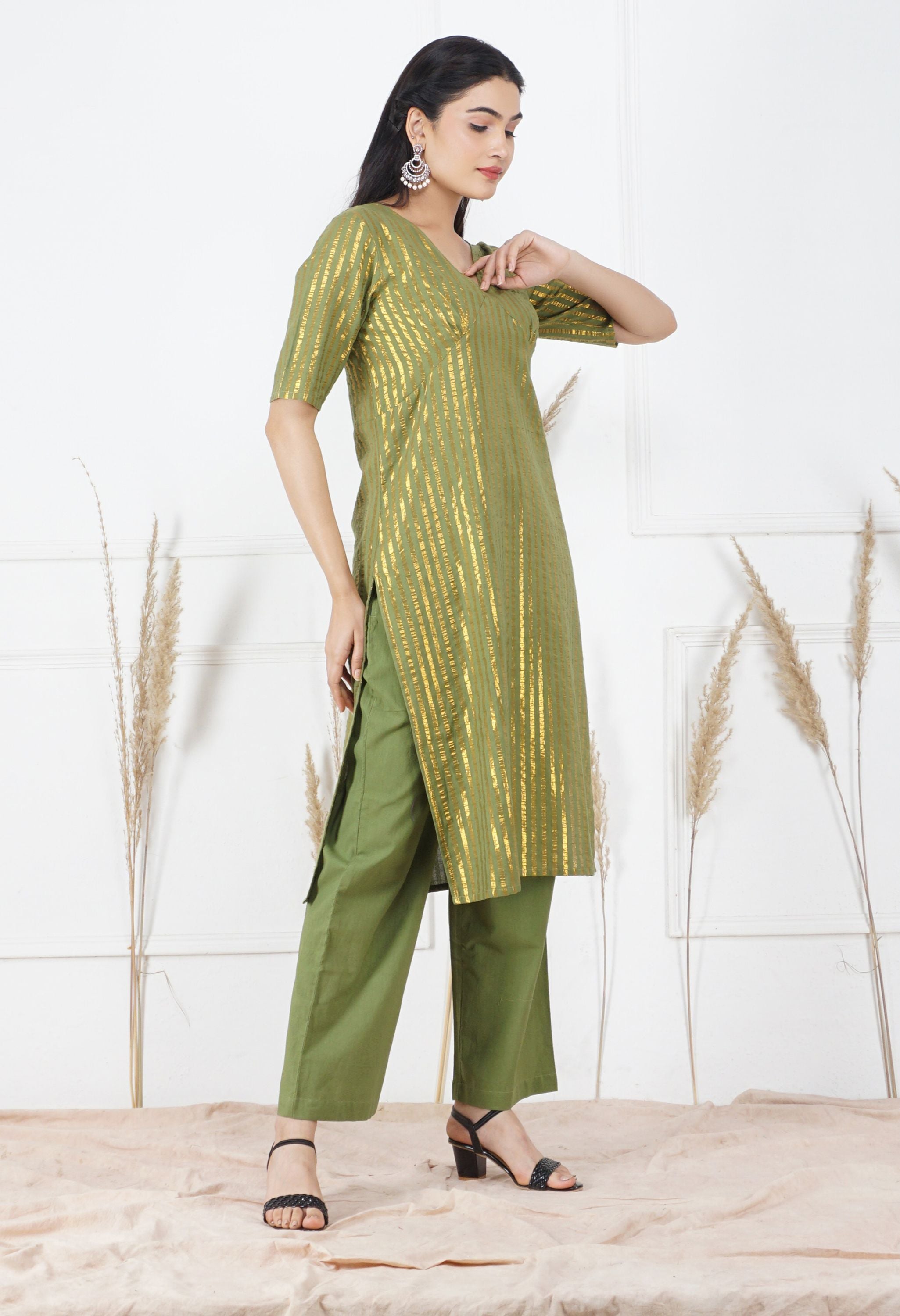 Mehndi Lurex Kurta Set | Lurex Cotton Kurta Set