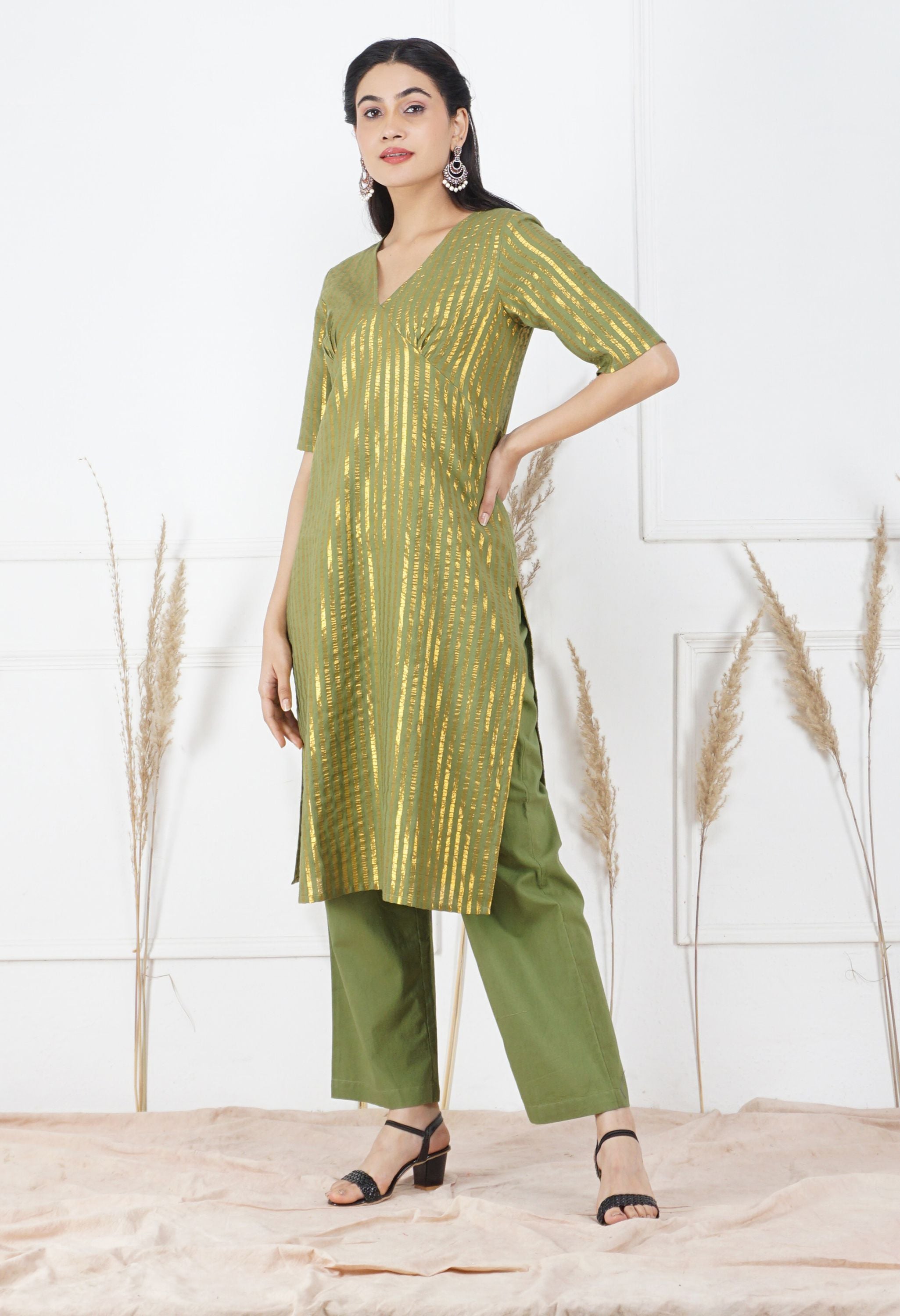 Mehndi Lurex Kurta Set | Lurex Cotton Kurta Set