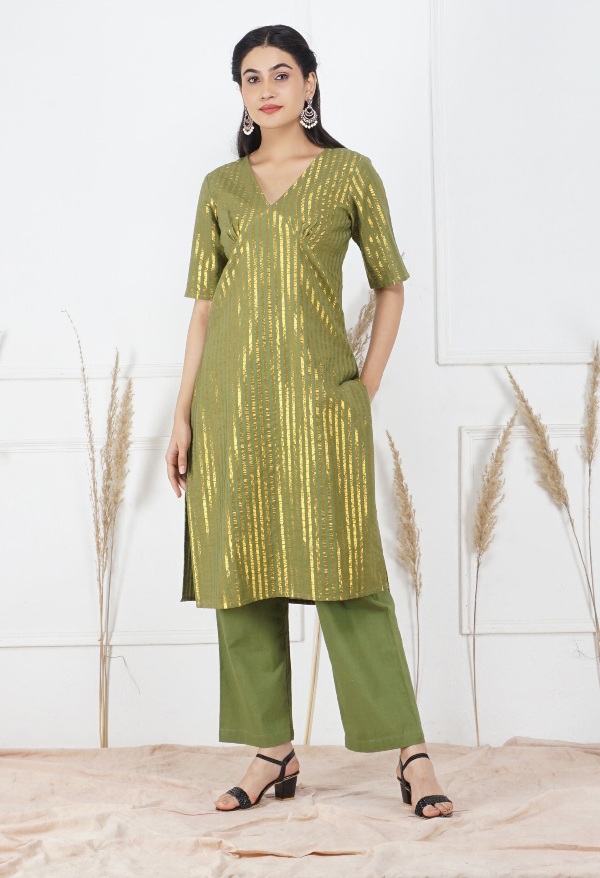 Mehndi Lurex Kurta Set | Lurex Cotton Kurta Set