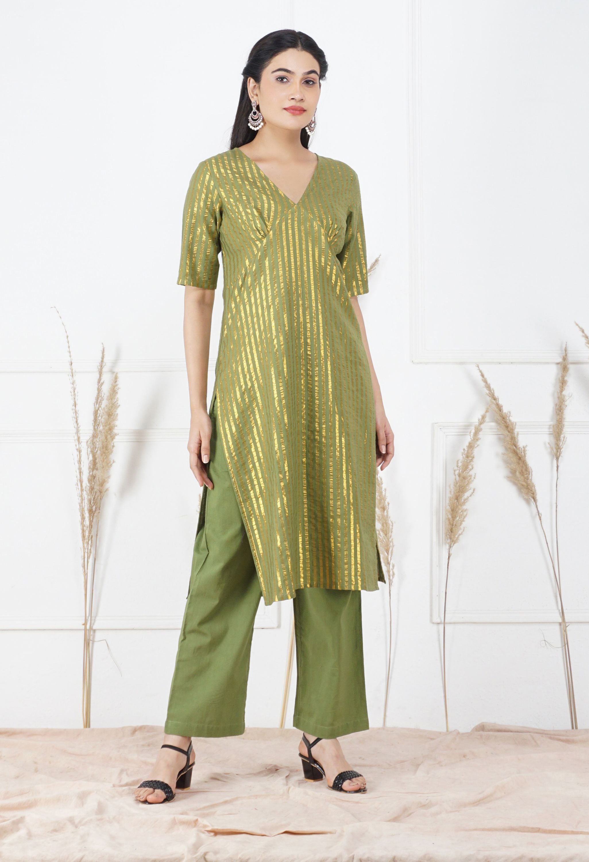 Mehndi Lurex Kurta Set | Lurex Cotton Kurta Set