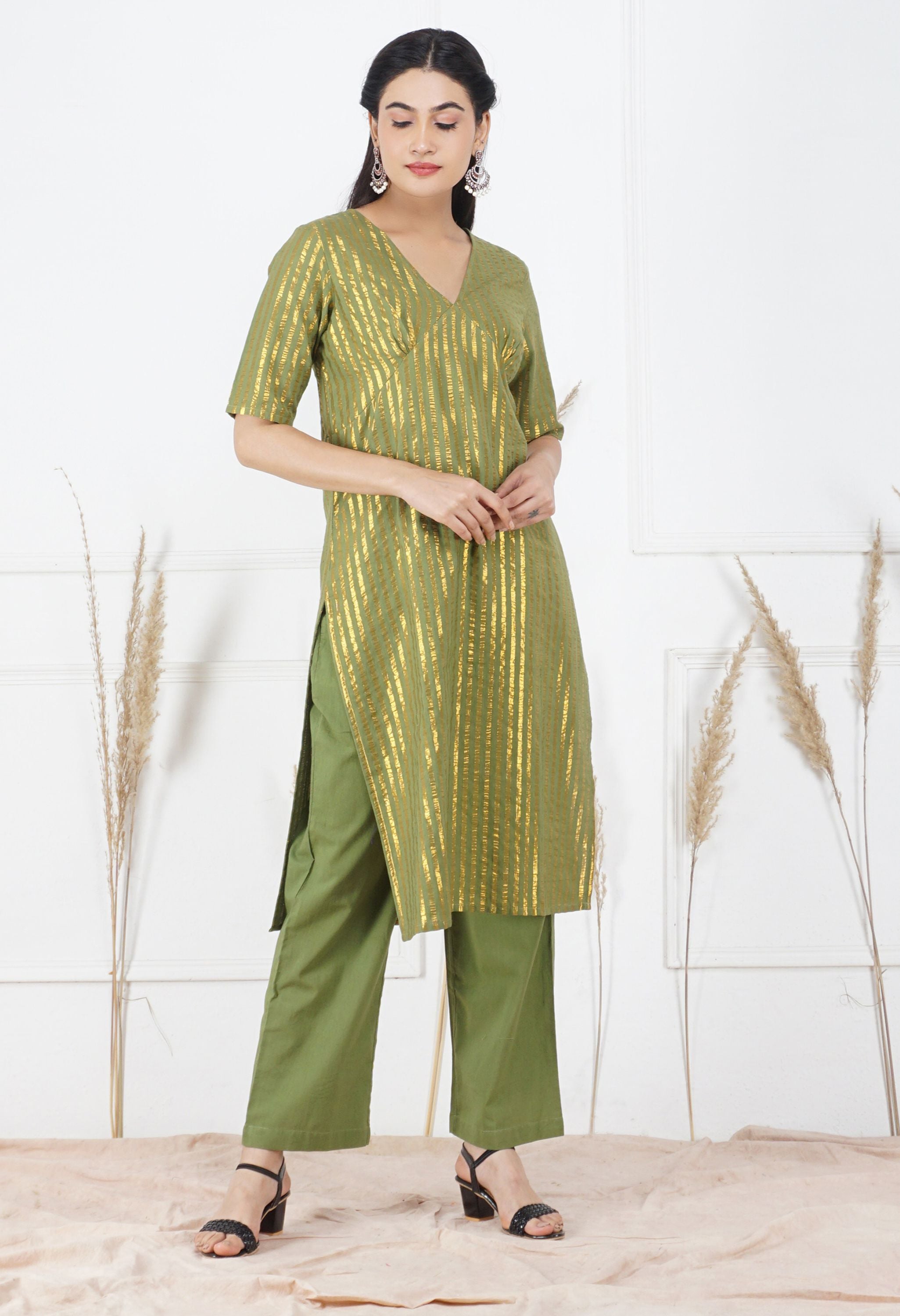 Mehndi Lurex Kurta Set | Lurex Cotton Kurta Set