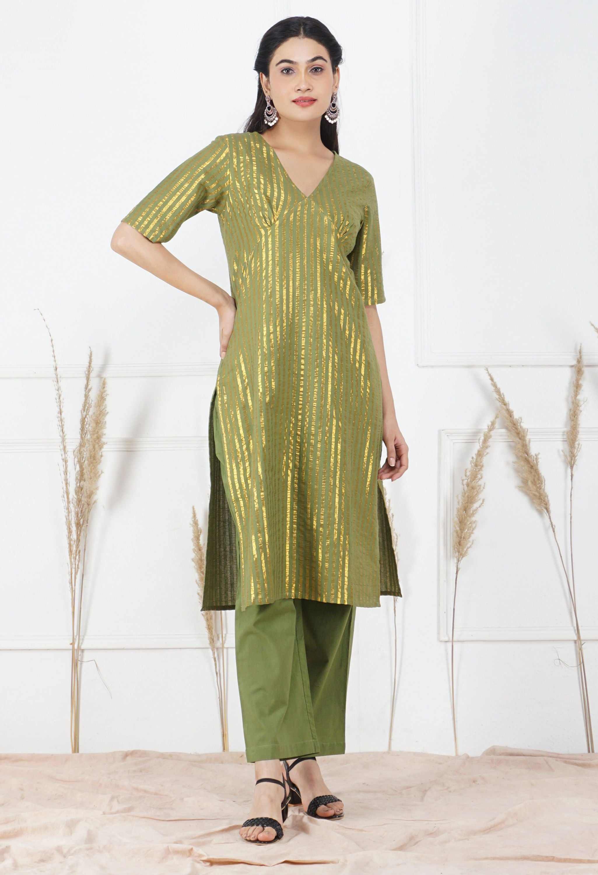 Mehndi Lurex Kurta Set | Lurex Cotton Kurta Set