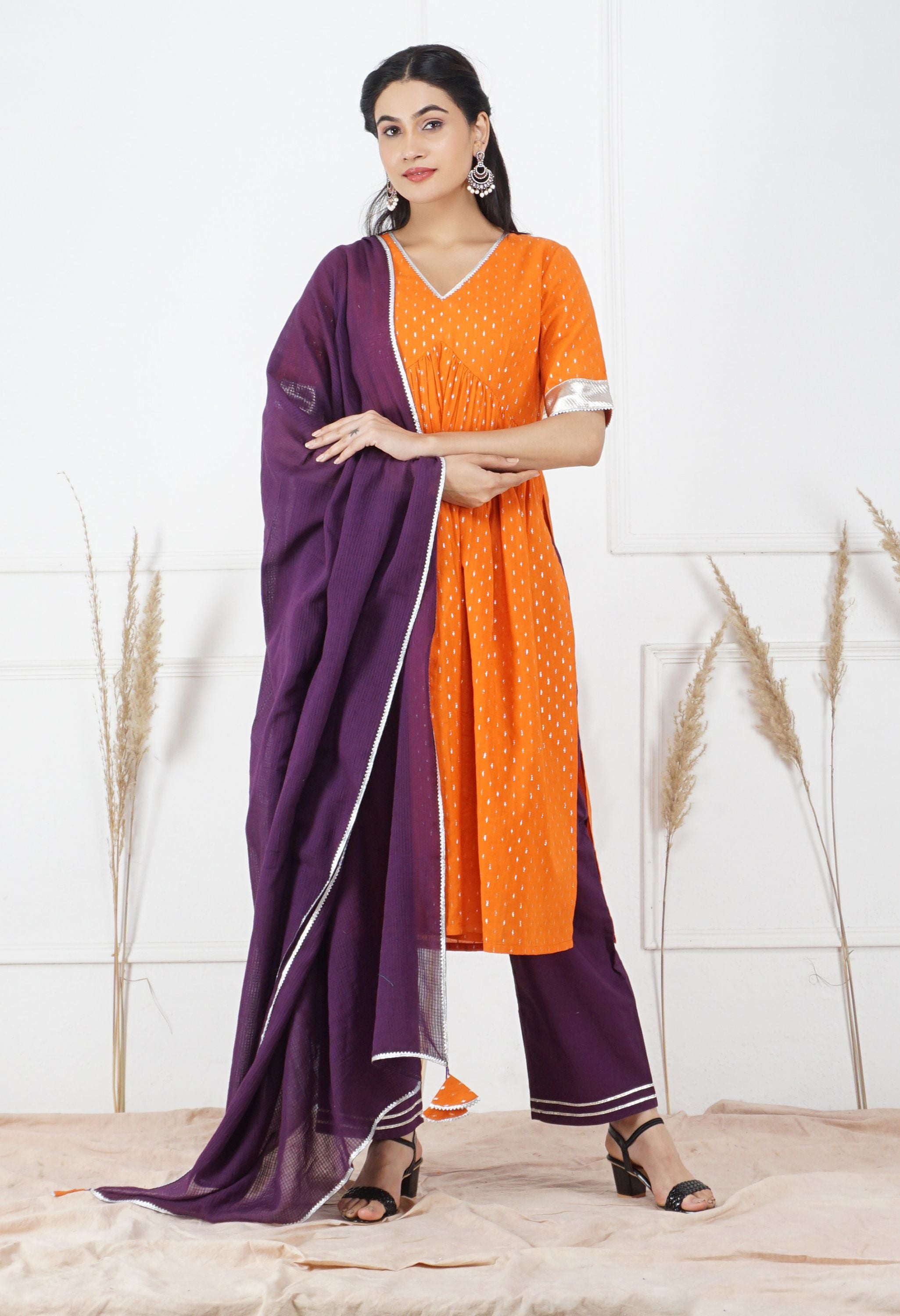 Kesariya Lurex Dupatta Set | Orange Kurta Set With Dupatta