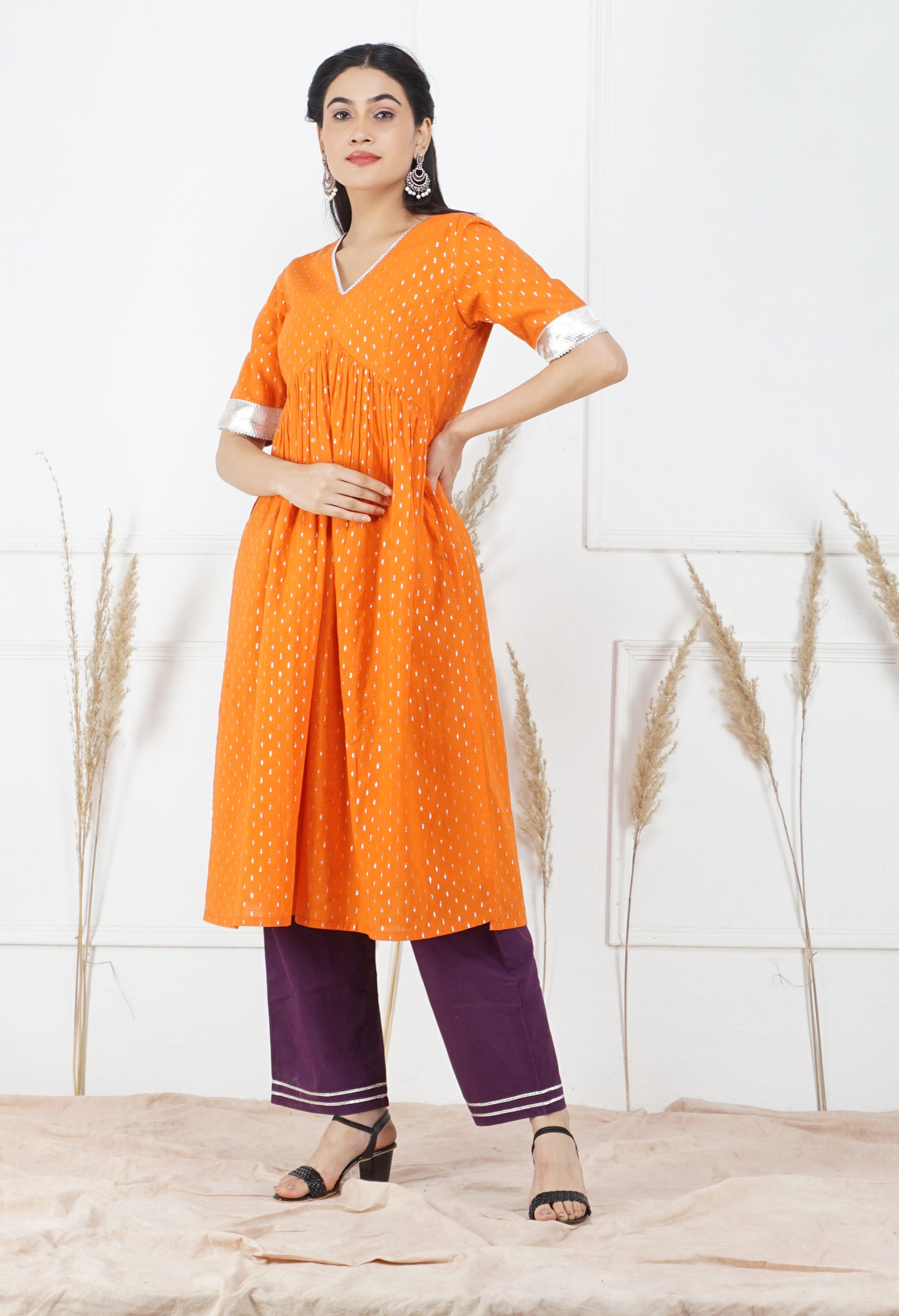 Kesariya Lurex Dupatta Set | Orange Kurta Set With Dupatta