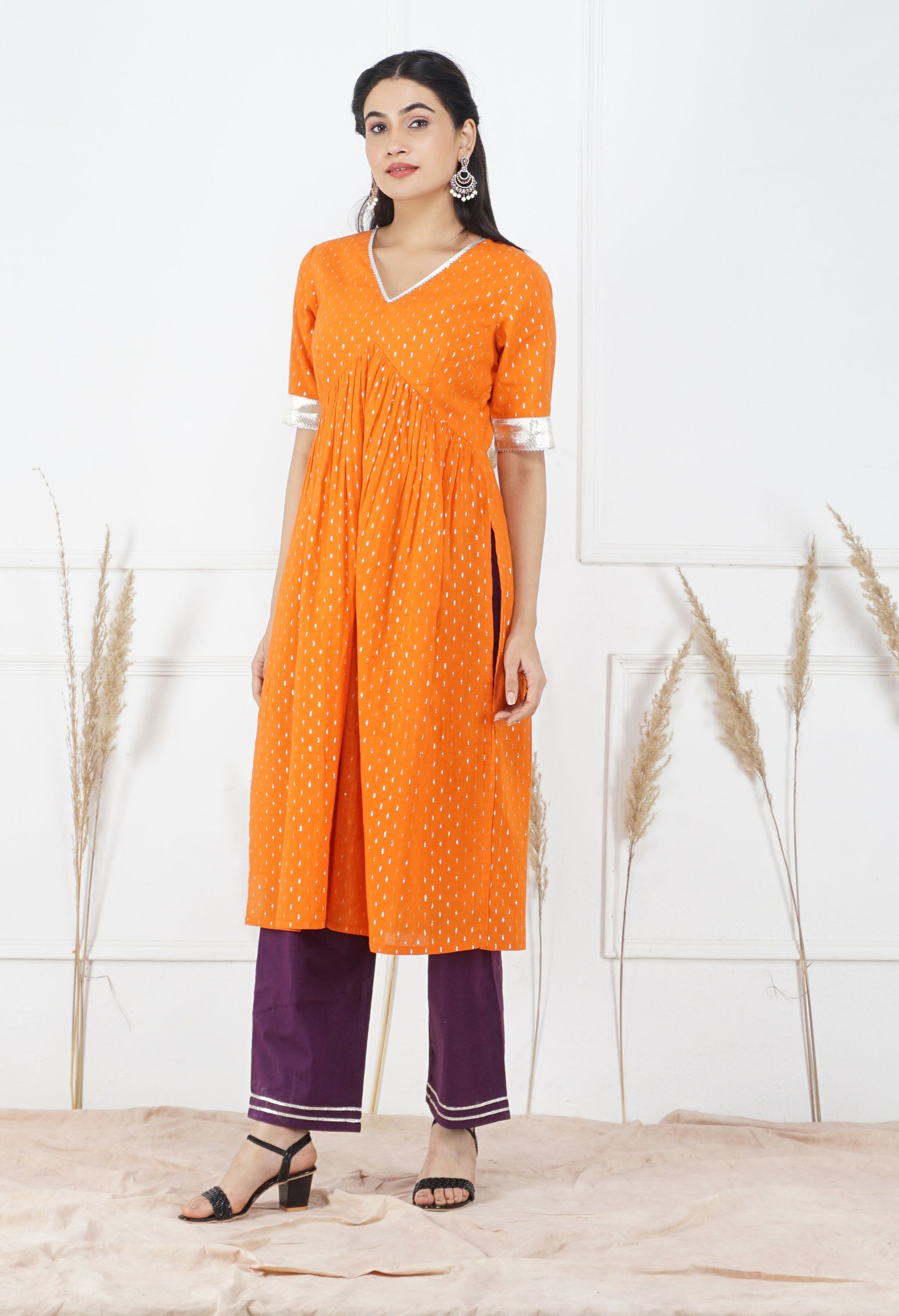 Kesariya Lurex Dupatta Set | Orange Kurta Set With Dupatta