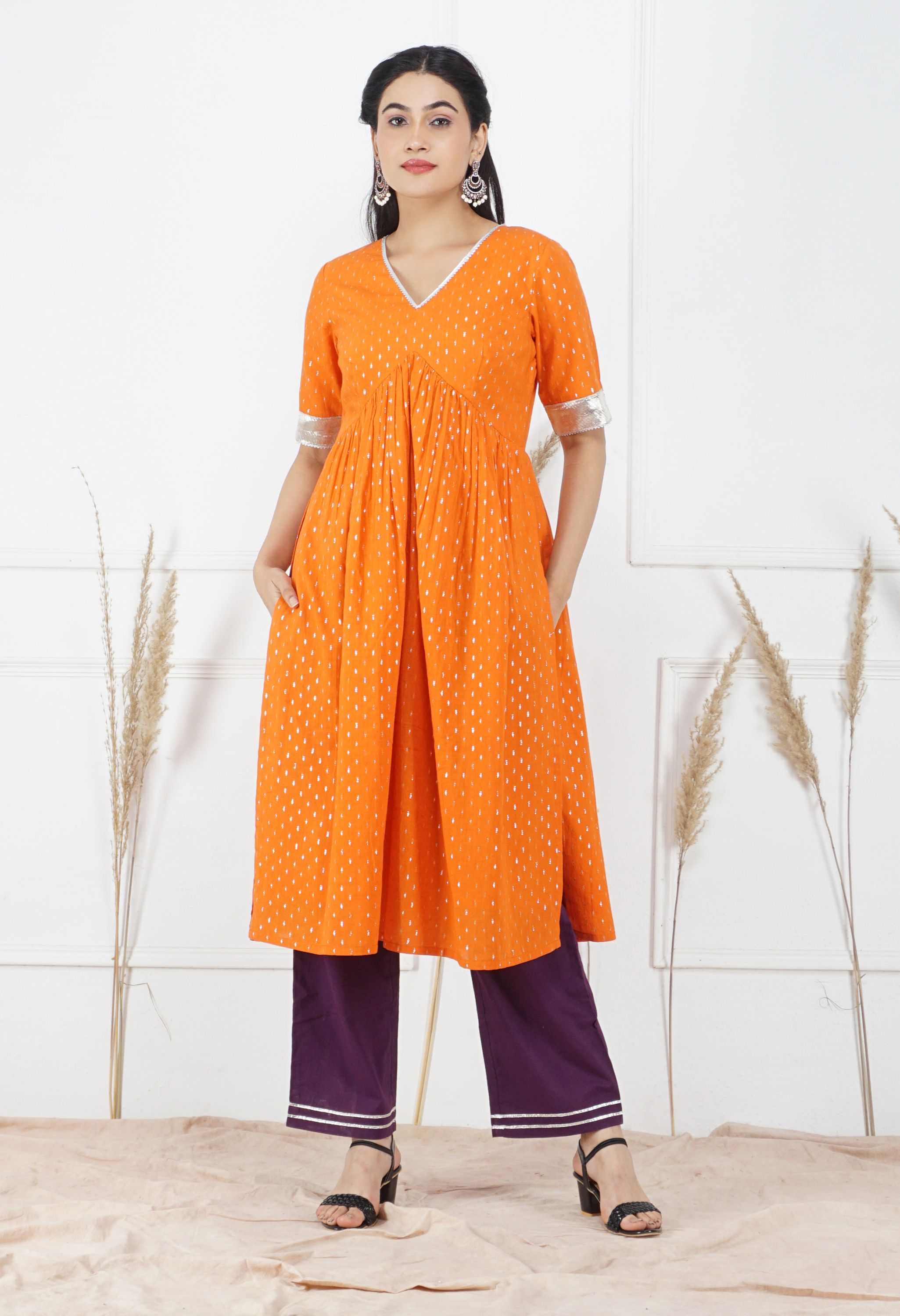 Kesariya Lurex Dupatta Set | Orange Kurta Set With Dupatta