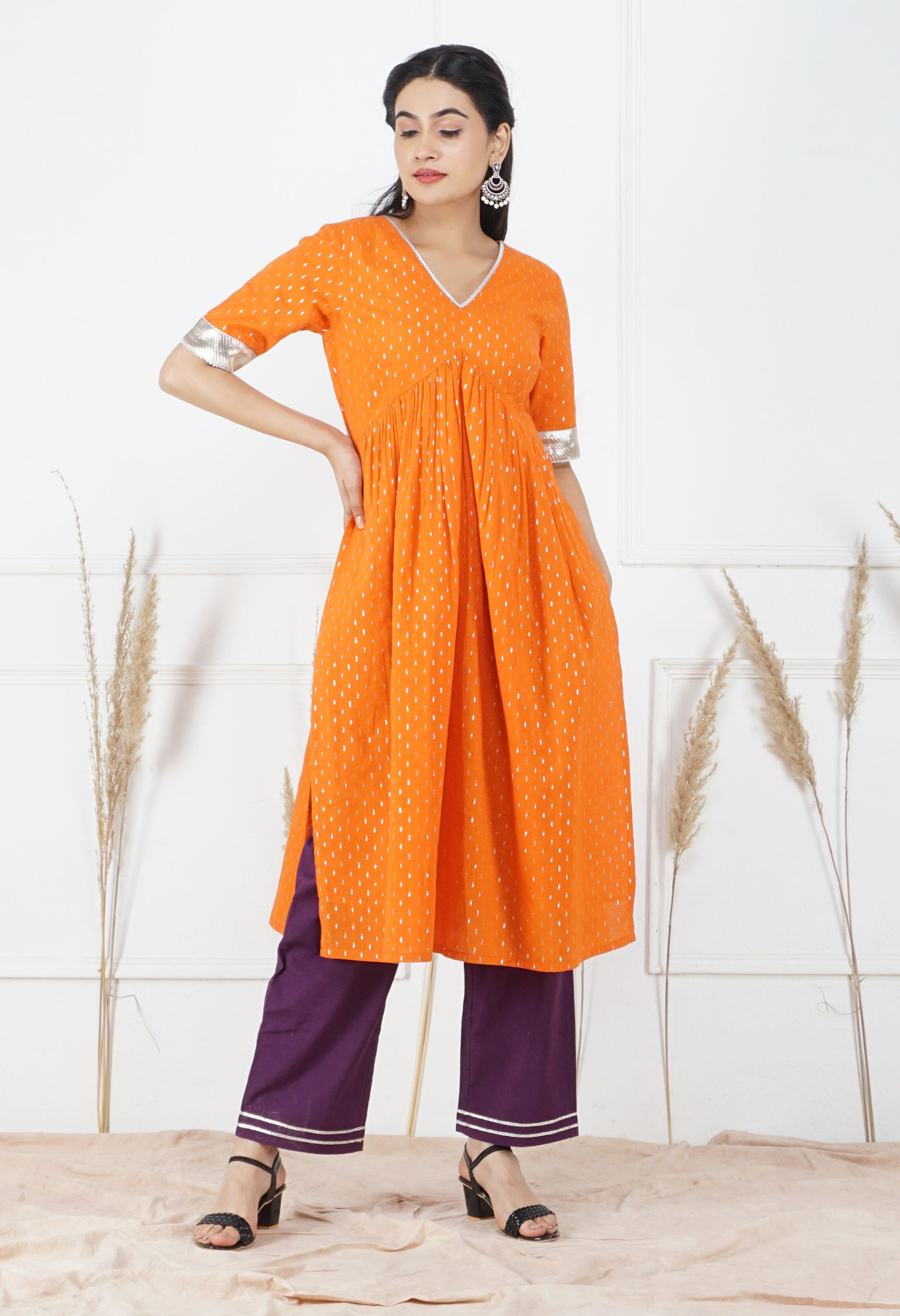 Kesariya Lurex Dupatta Set | Orange Kurta Set With Dupatta