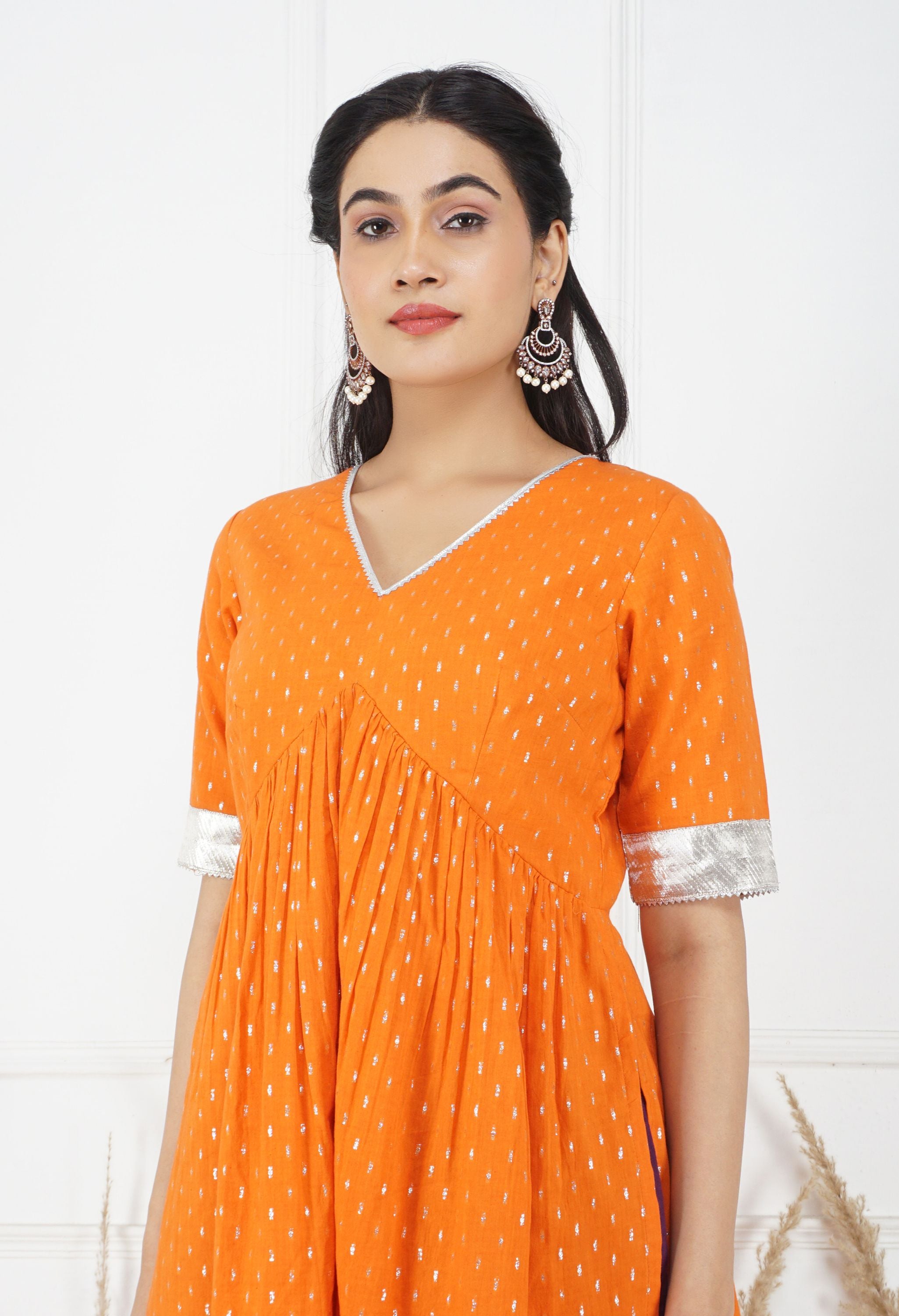 Kesariya Lurex Dupatta Set | Orange Kurta Set With Dupatta