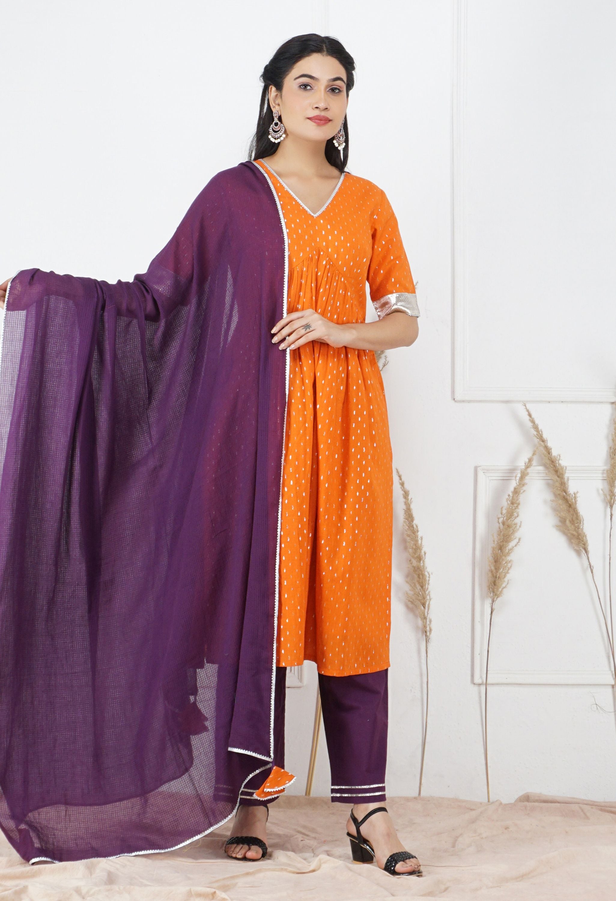 Kesariya Lurex Dupatta Set | Orange Kurta Set With Dupatta