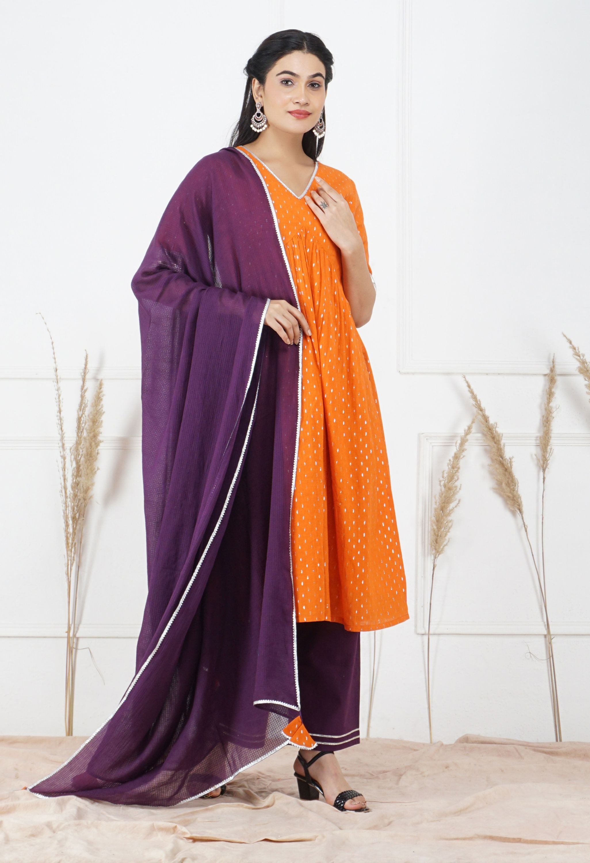 Kesariya Lurex Dupatta Set | Orange Kurta Set With Dupatta