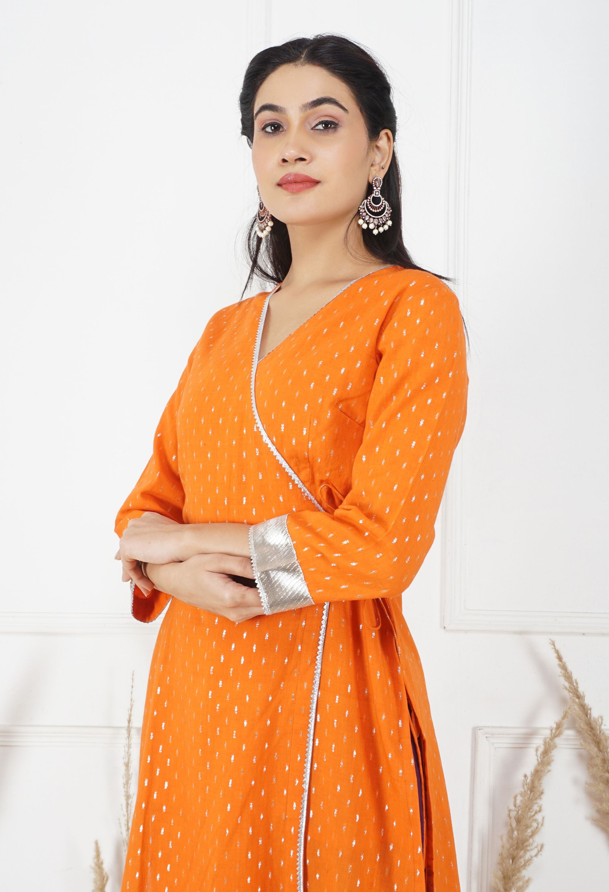 Orange Lurex Kurta Set | Lurex Cotton Kurta Set for Women