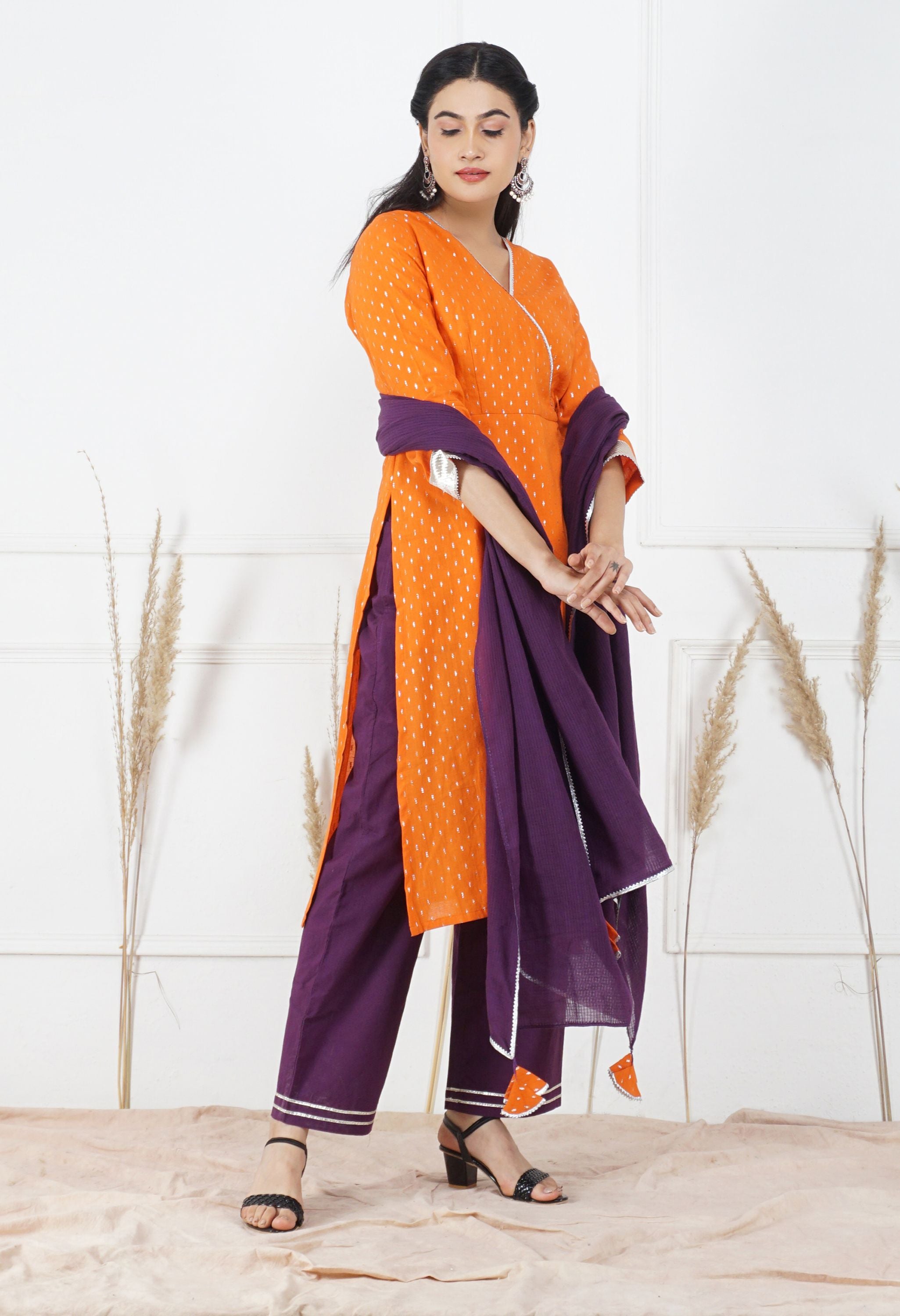 Orange Lurex Kurta Set | Lurex Cotton Kurta Set for Women