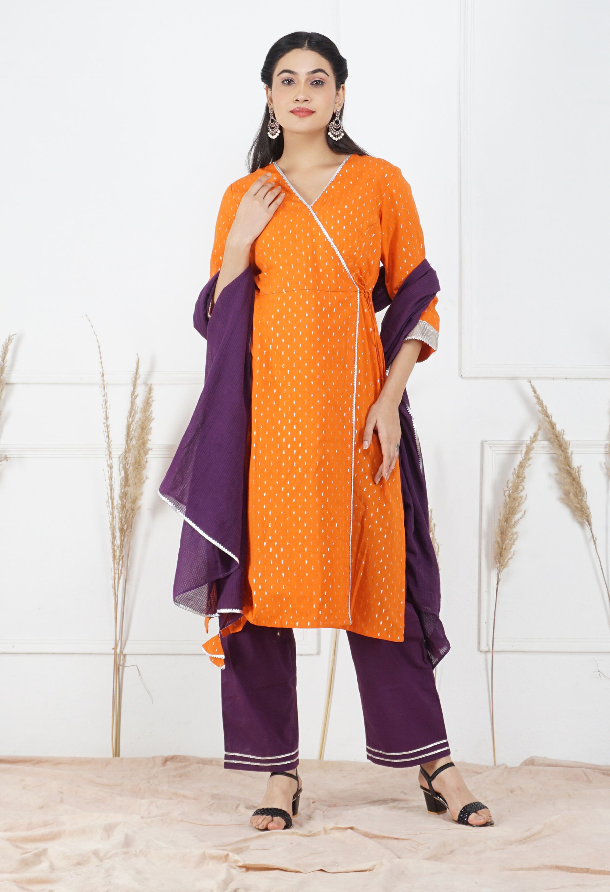 Orange Lurex Kurta Set | Lurex Cotton Kurta Set for Women