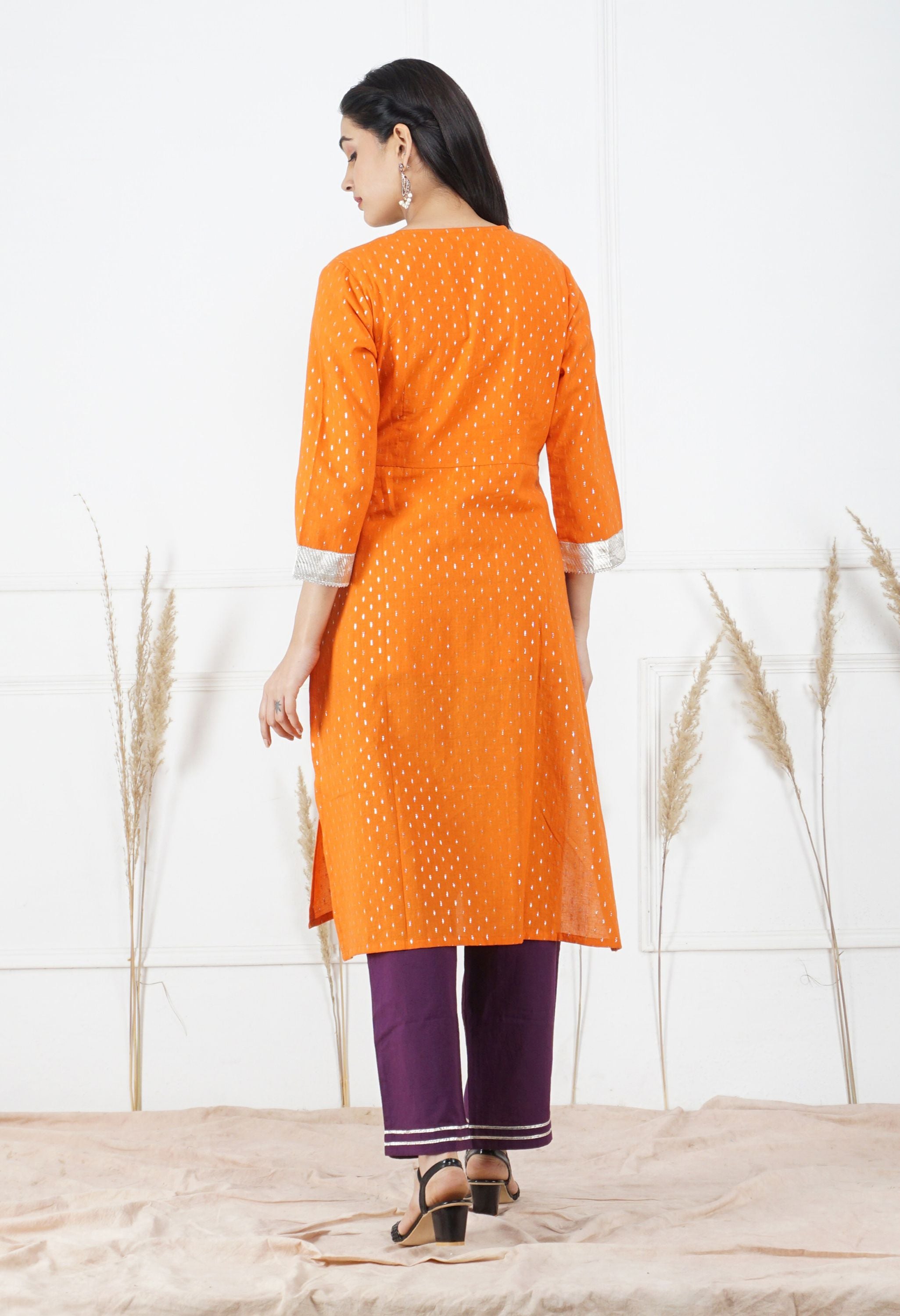 Orange Lurex Kurta Set | Lurex Cotton Kurta Set for Women