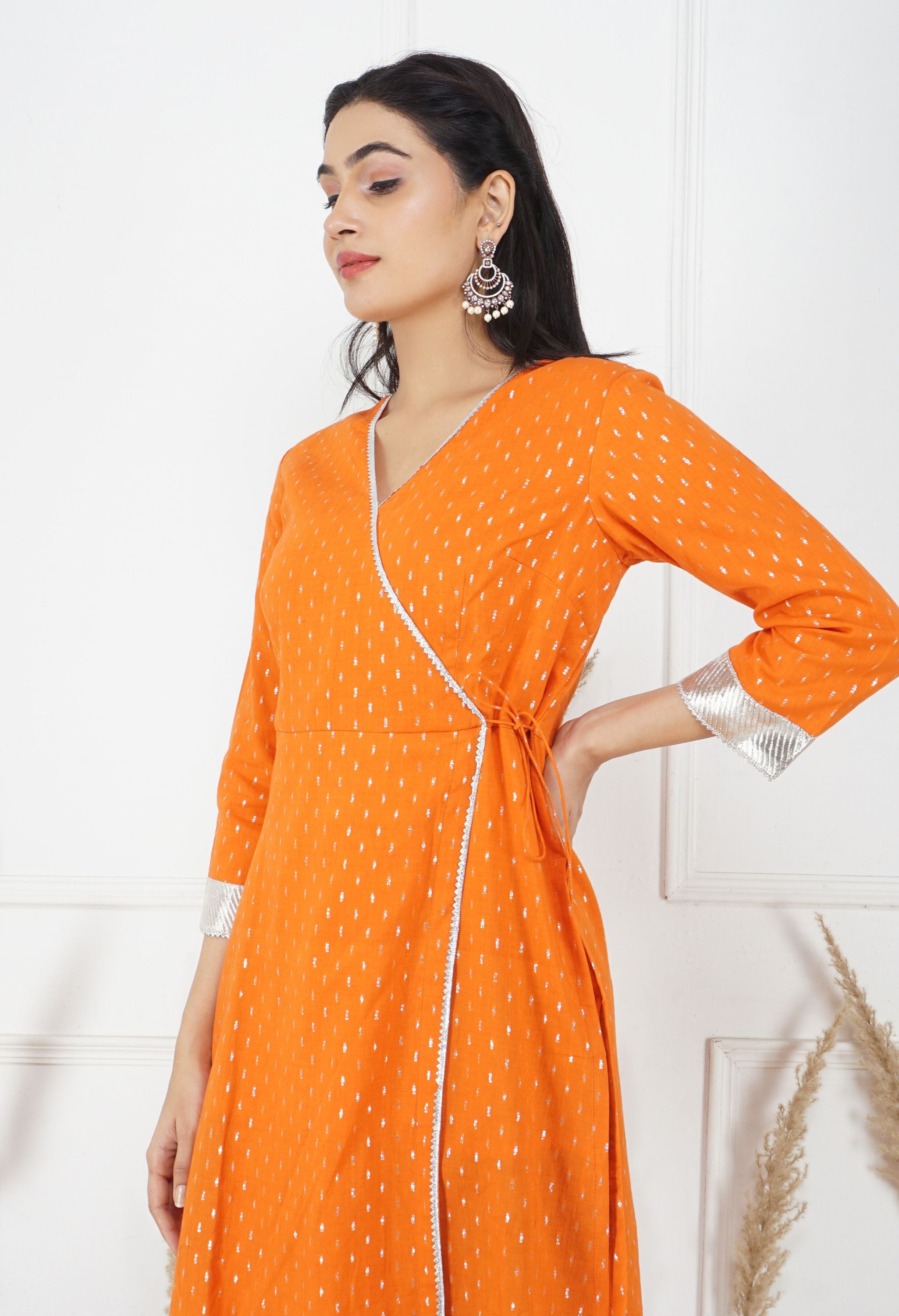 Orange Lurex Kurta Set | Lurex Cotton Kurta Set for Women