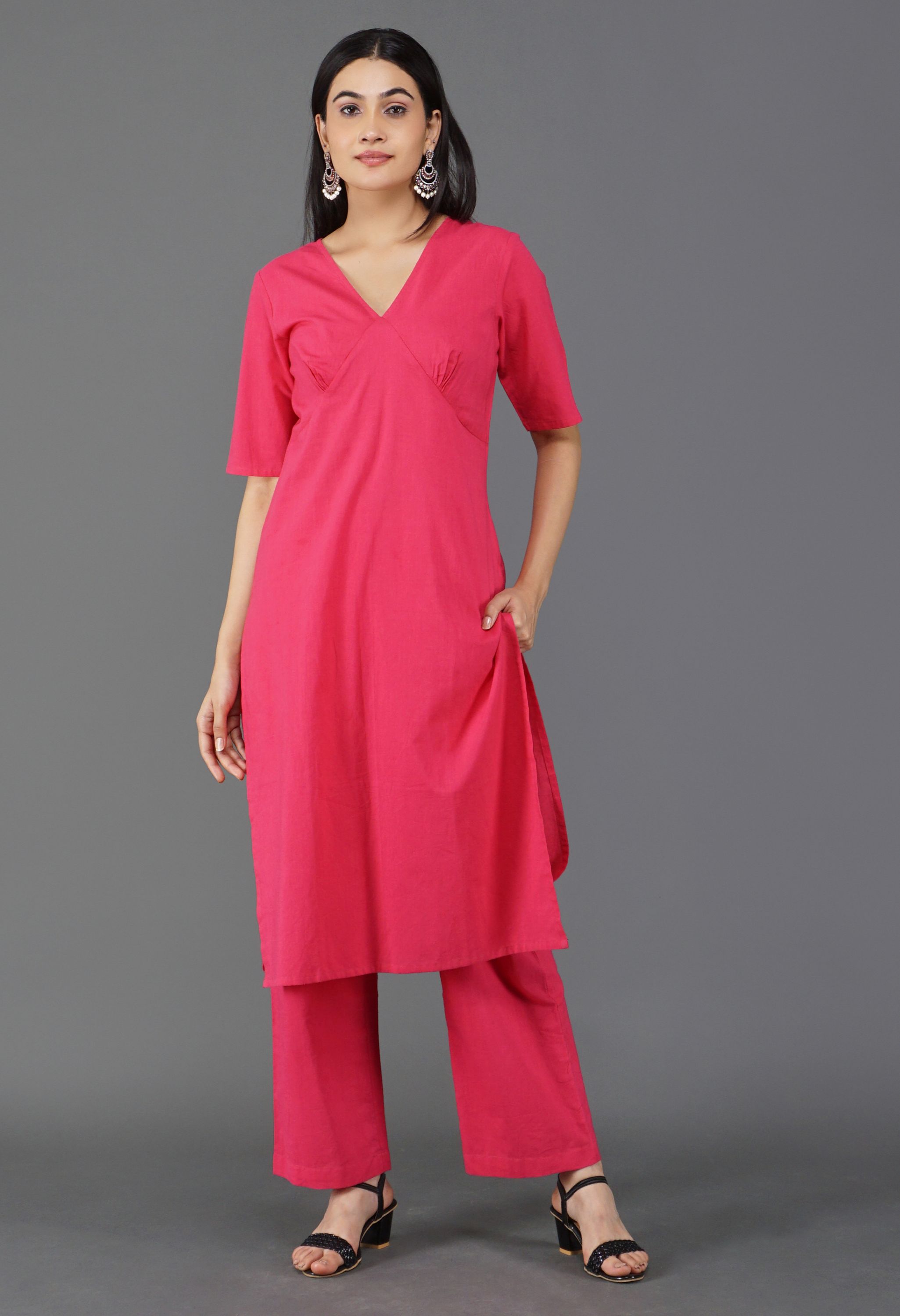 Rani Pink Cotton Kurta Dupatta Set | Rani Pink Kurti Set for Women