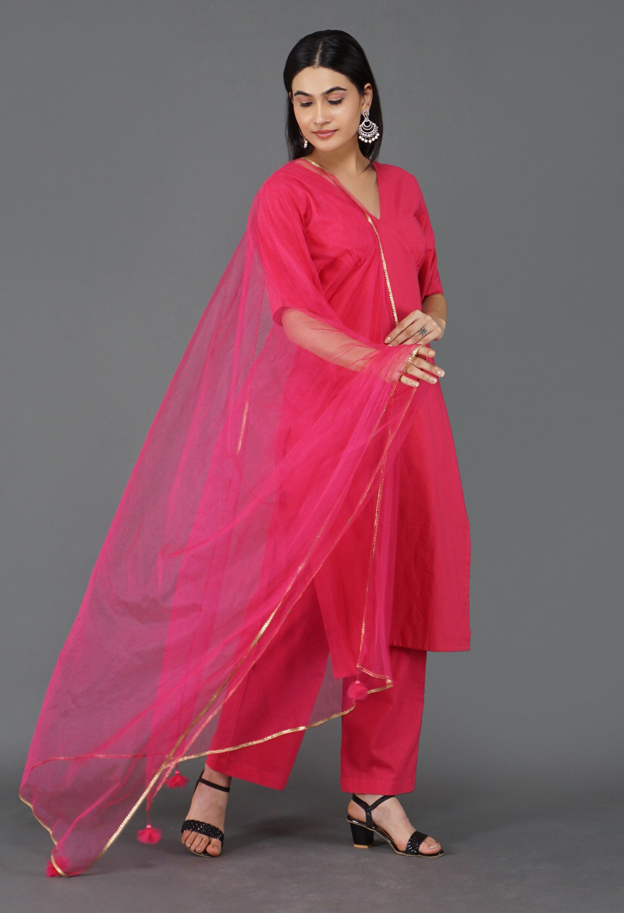 Rani Pink Cotton Kurta Dupatta Set | Rani Pink Kurti Set for Women