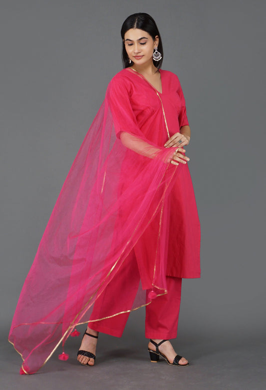 rani-pink-cotton-kurta-dupatta-set-|-rani-pink-kurti-set-for-women