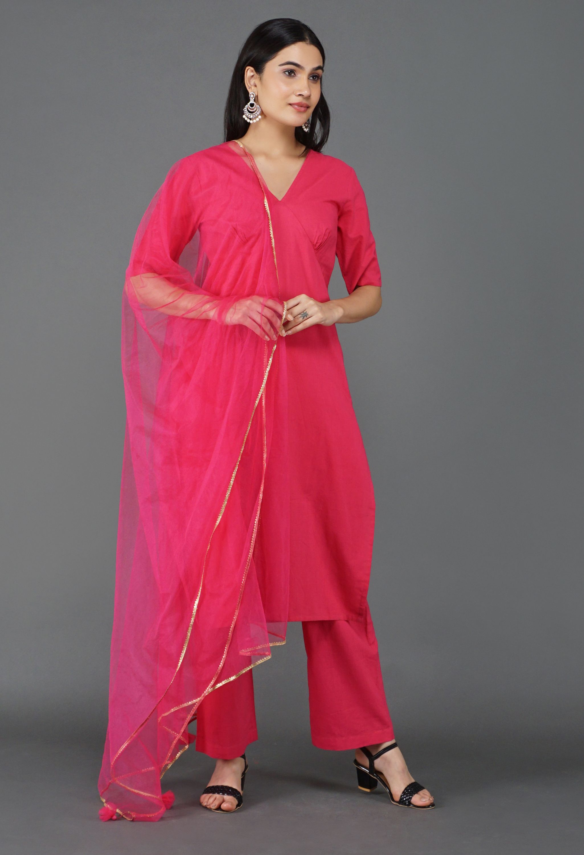 Rani Pink Cotton Kurta Dupatta Set | Rani Pink Kurti Set for Women