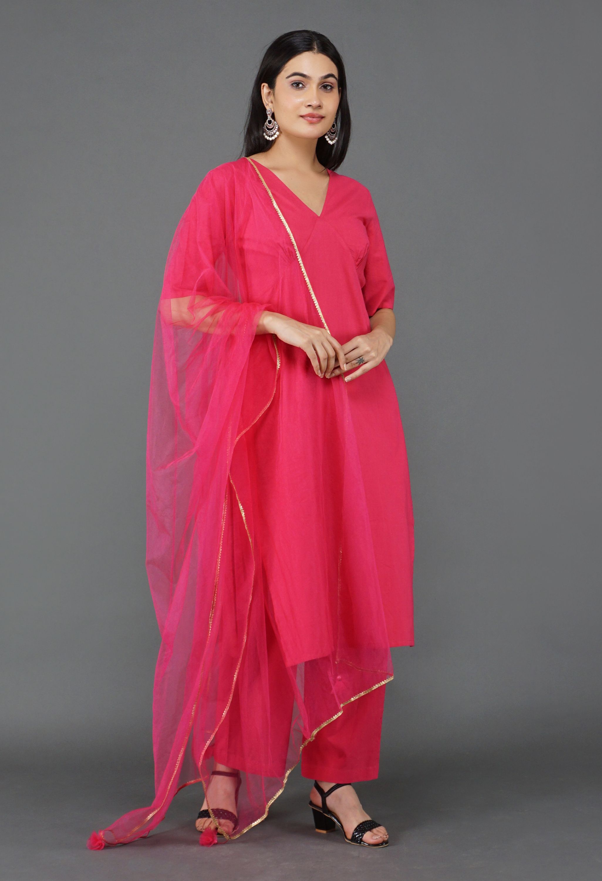 Rani Pink Cotton Kurta Dupatta Set | Rani Pink Kurti Set for Women