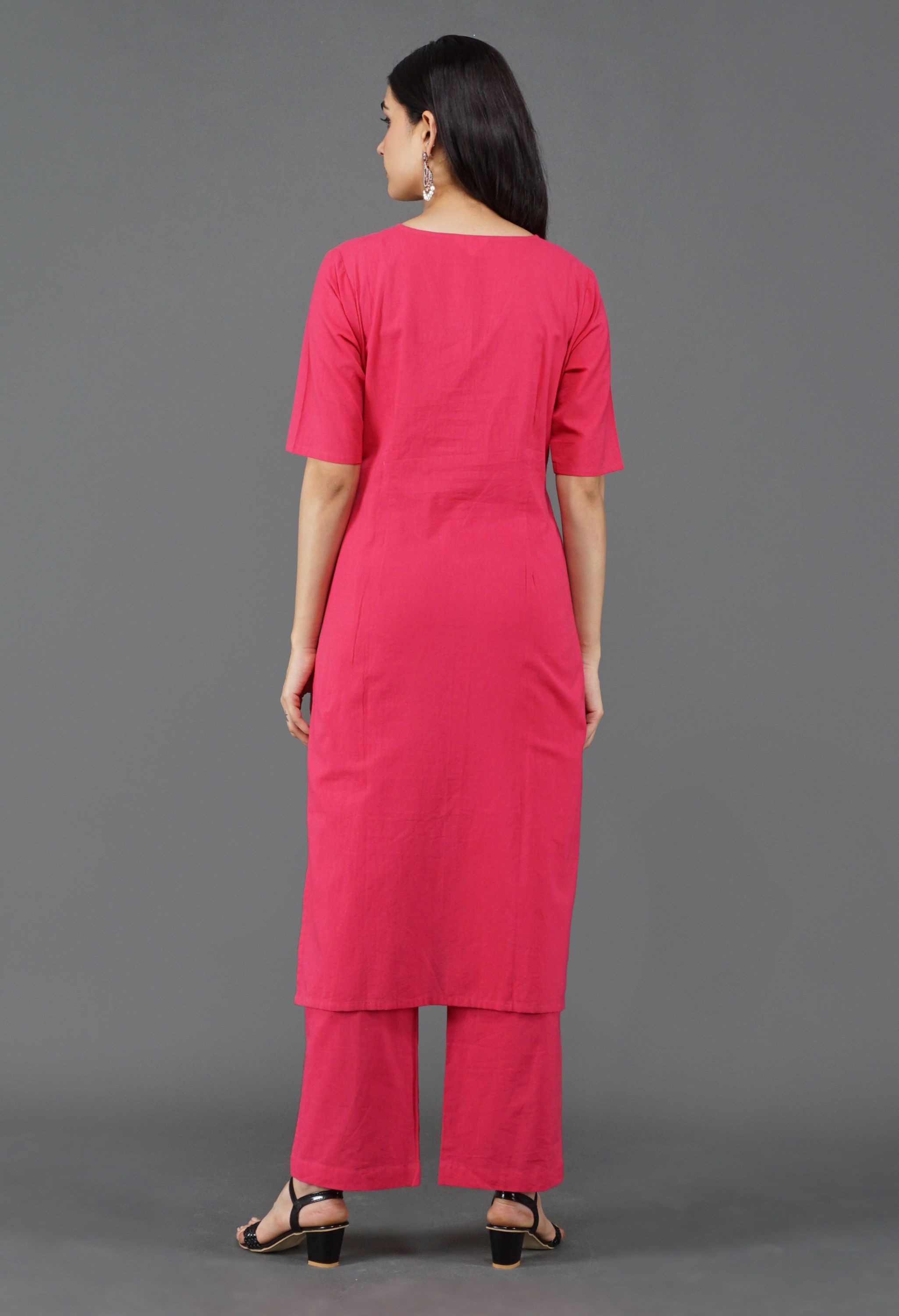 Rani Pink Cotton Kurta Dupatta Set | Rani Pink Kurti Set for Women