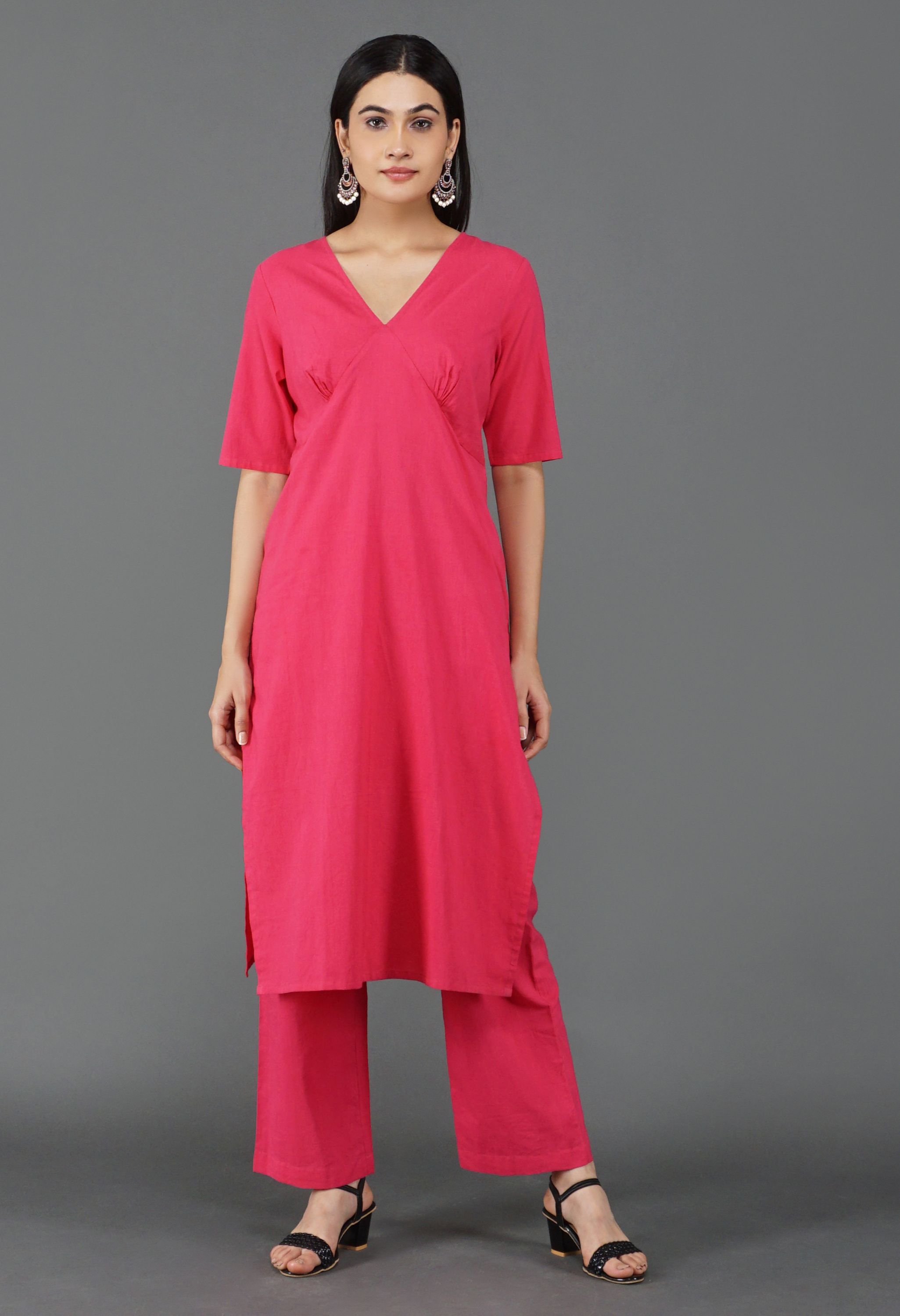 Rani Pink Cotton Kurta Dupatta Set | Rani Pink Kurti Set for Women