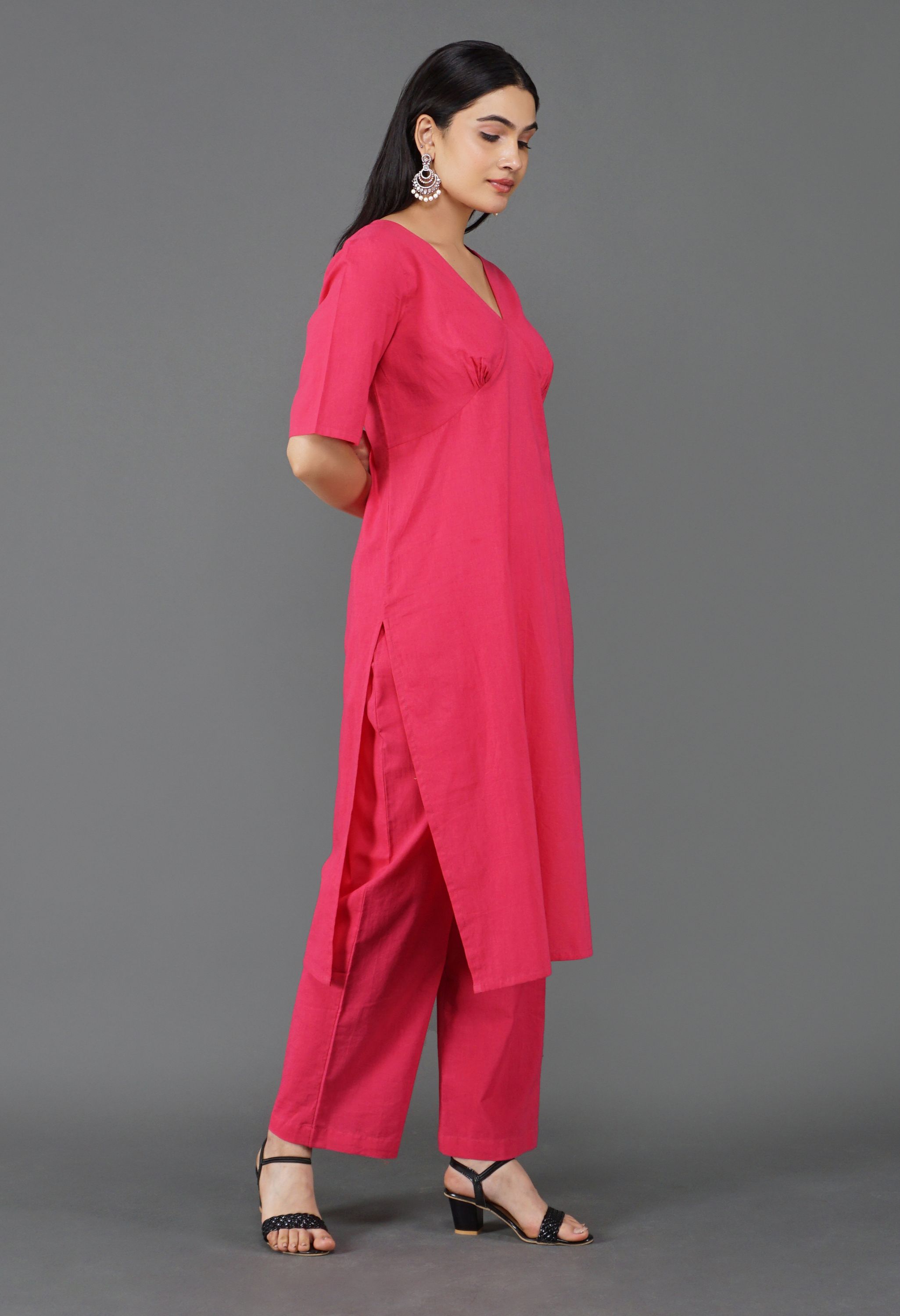Rani Pink Cotton Kurta Dupatta Set | Rani Pink Kurti Set for Women