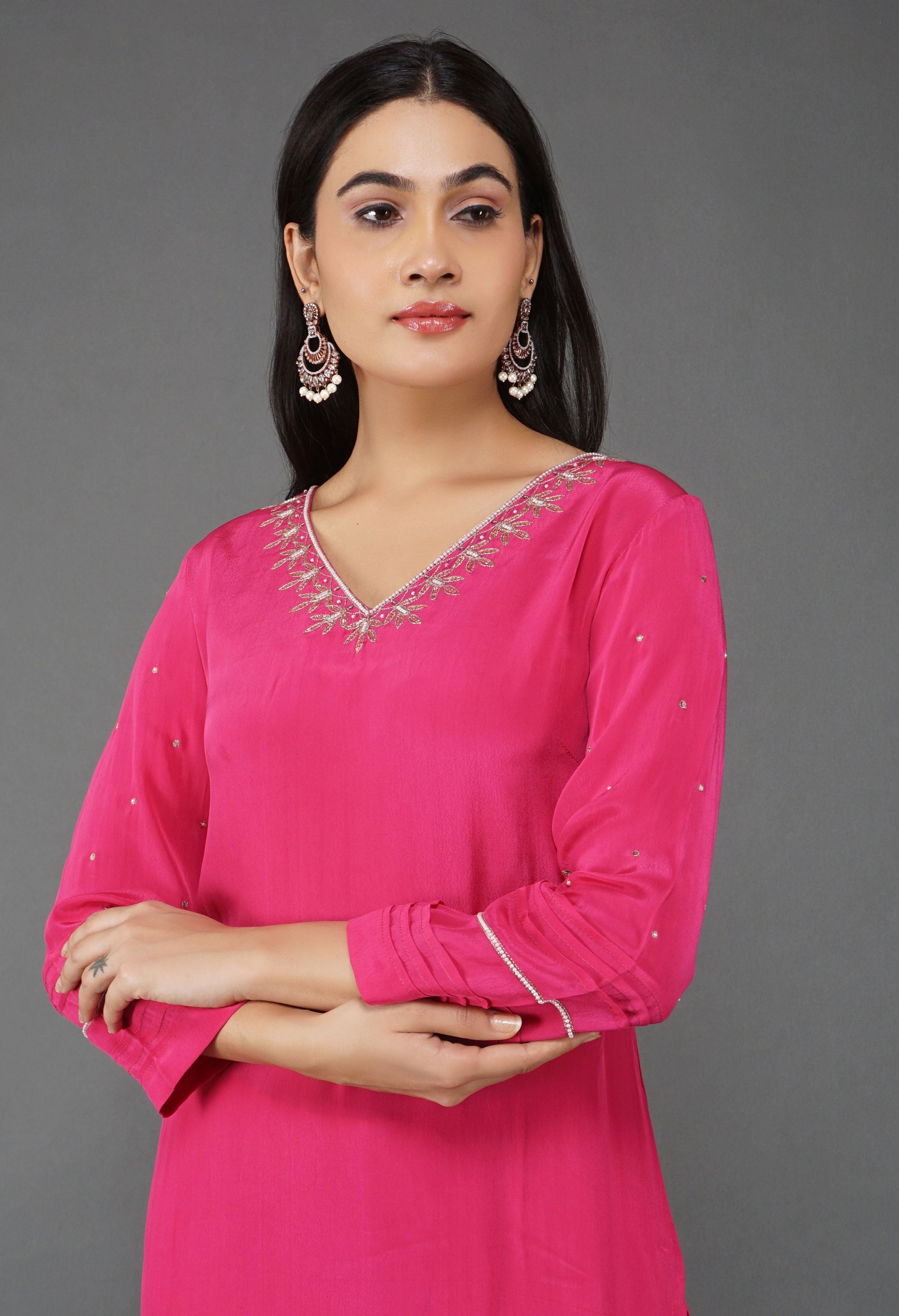 Rani Gulabi Crepe Duptta Set | Pink Kurta Set For Women With Dupatta