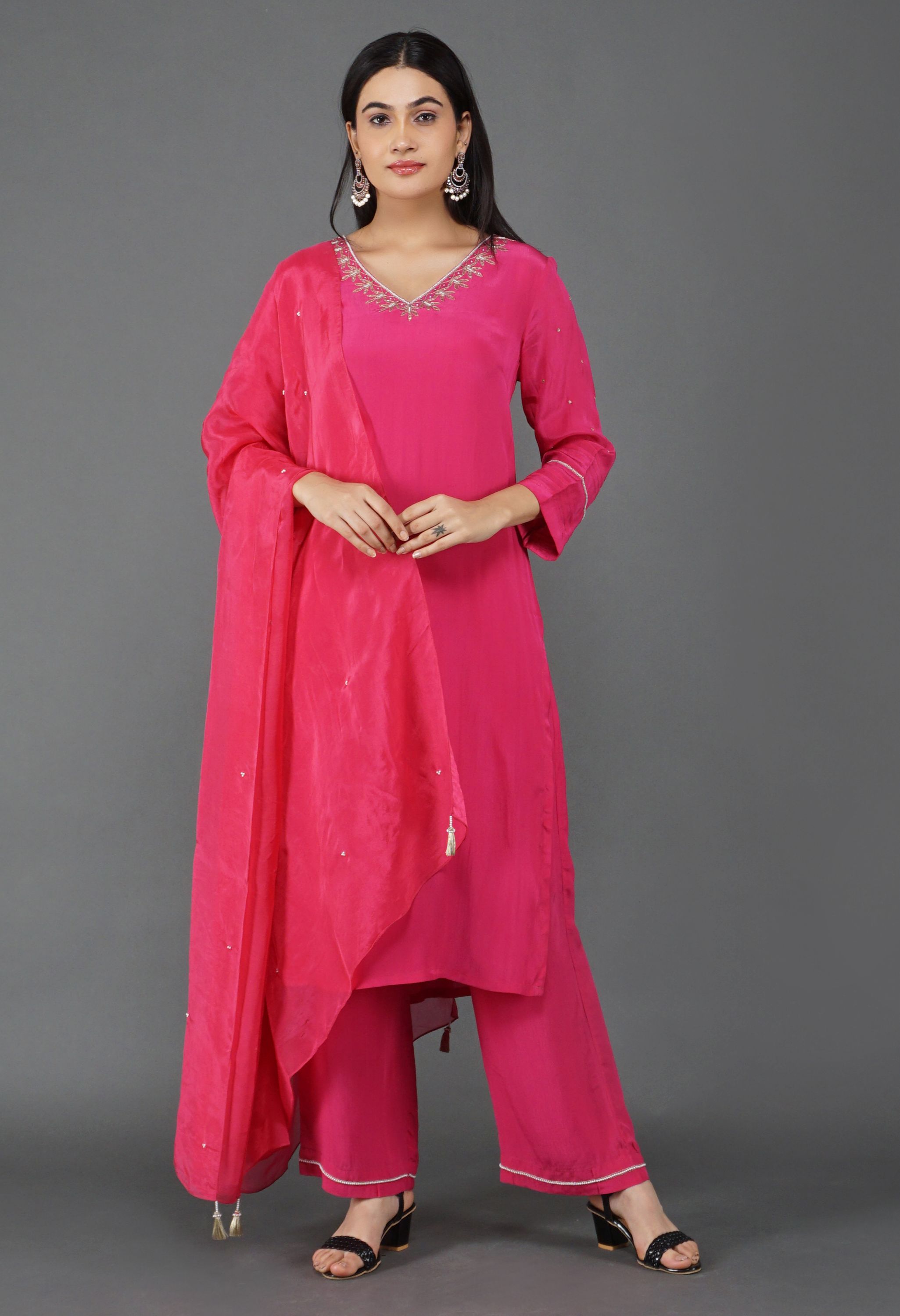 Rani Gulabi Crepe Duptta Set | Pink Kurta Set For Women With Dupatta