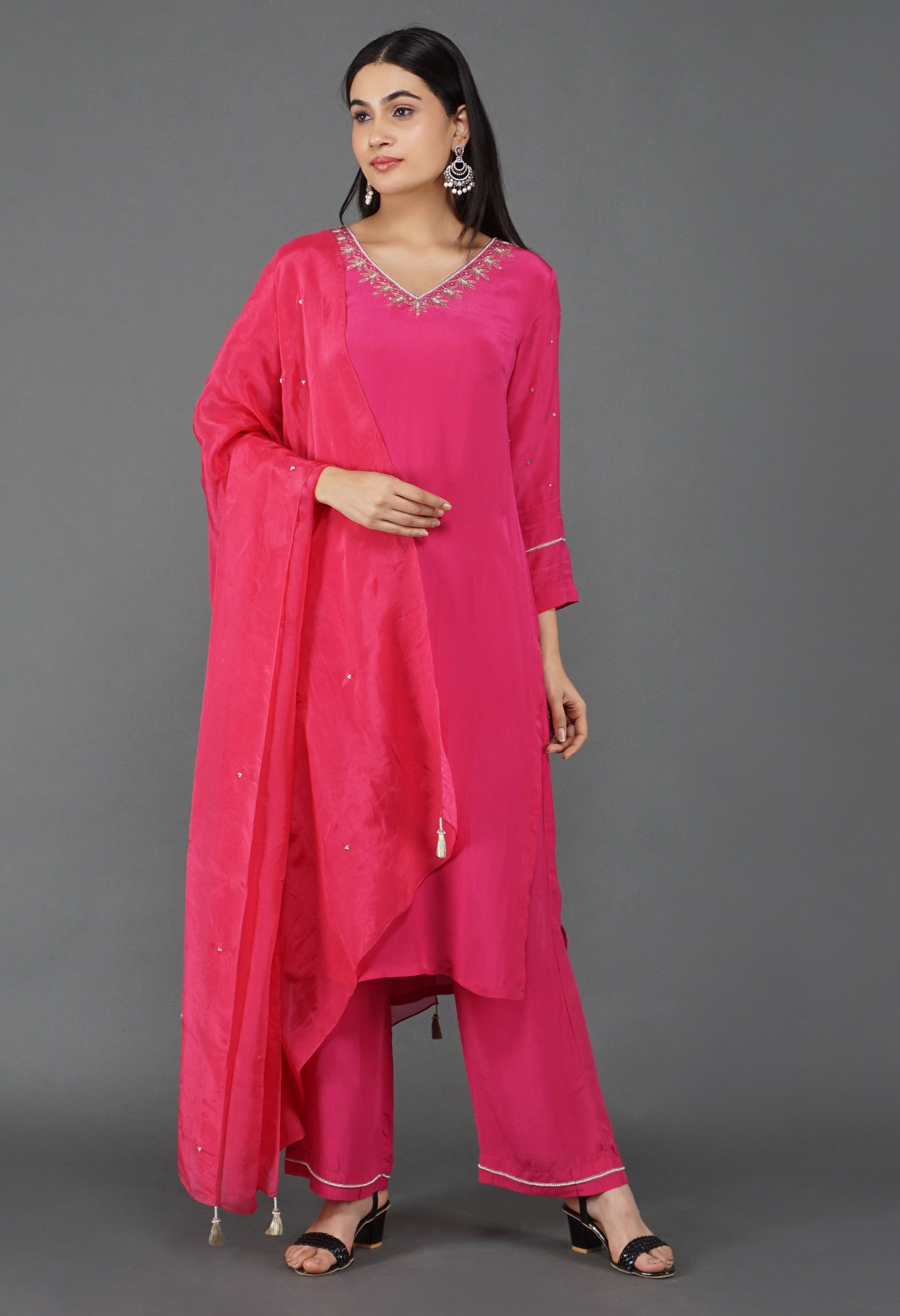 Rani Gulabi Crepe Duptta Set | Pink Kurta Set For Women With Dupatta