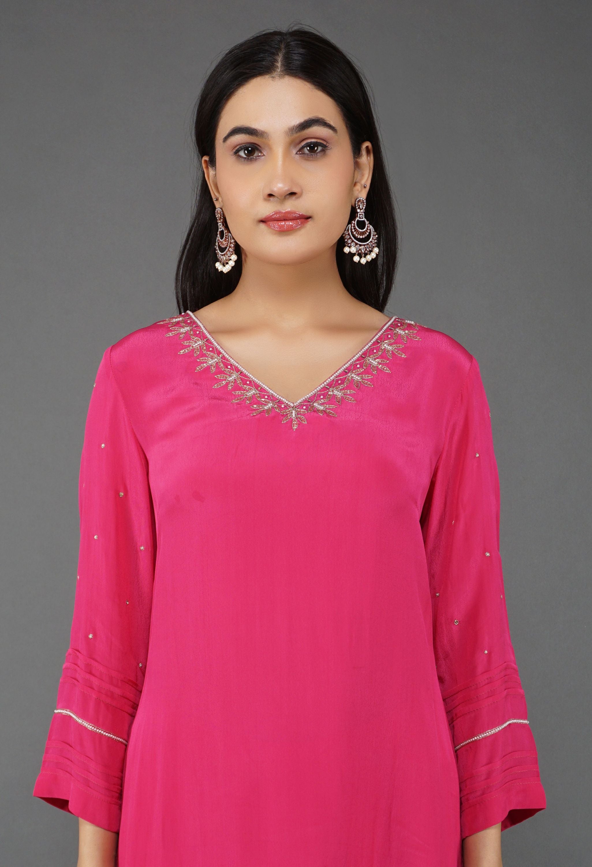 Rani Gulabi Crepe Duptta Set | Pink Kurta Set For Women With Dupatta
