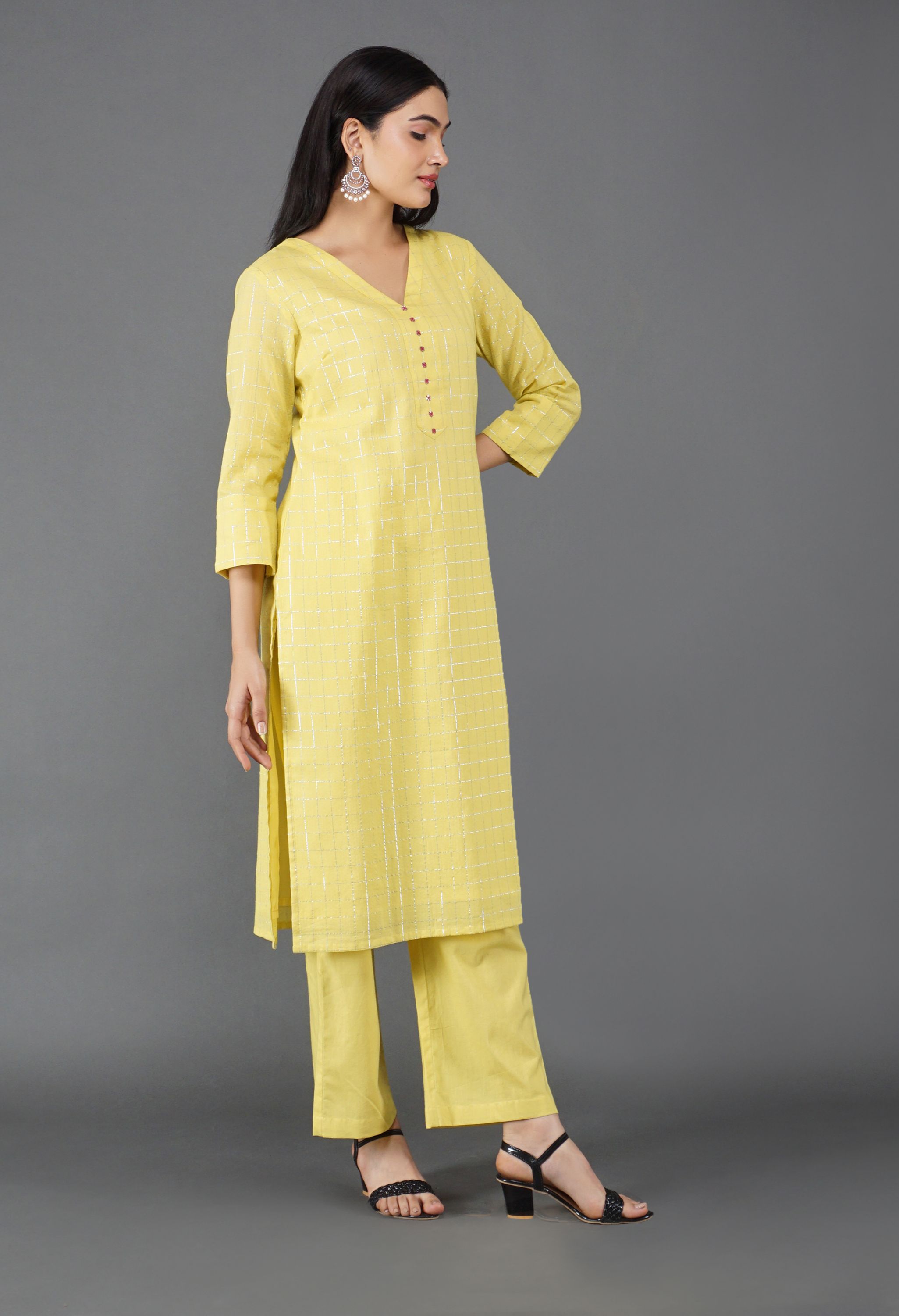 Lime Yellow Lurex Kurta Set | Yellow Lurex kurta set