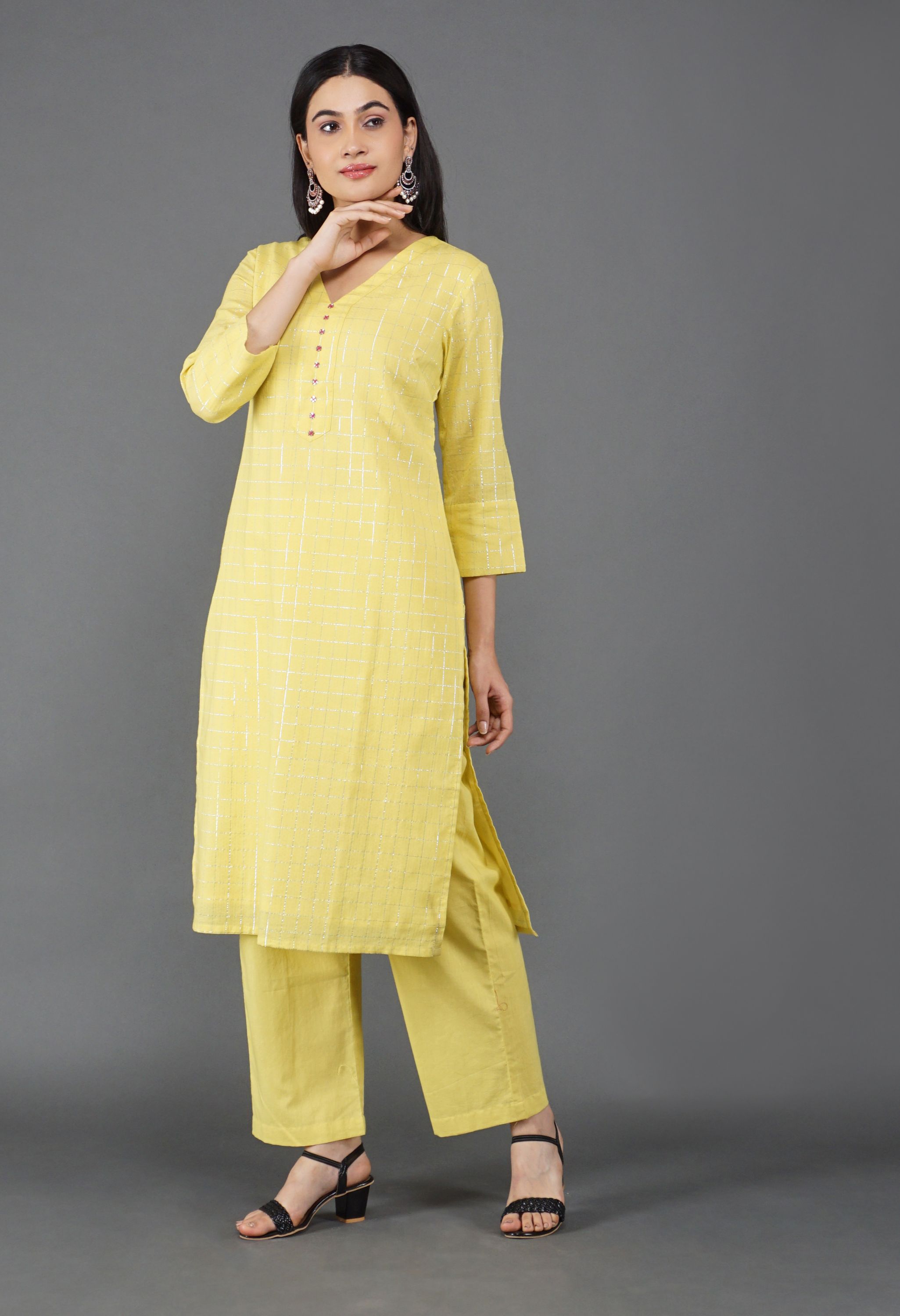 Lime Yellow Lurex Kurta Set | Yellow Lurex kurta set