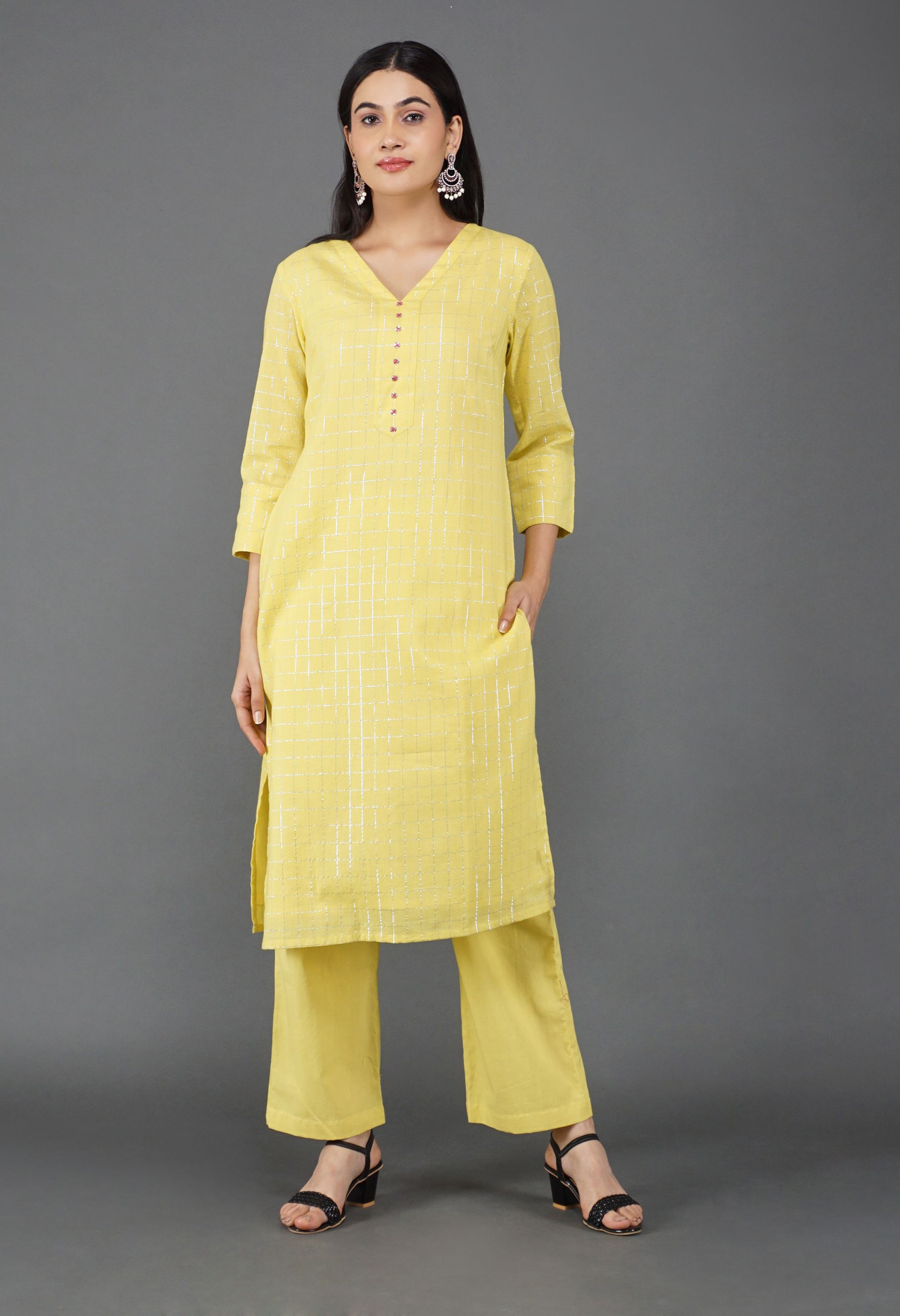 Lime Yellow Lurex Kurta Set | Yellow Lurex kurta set