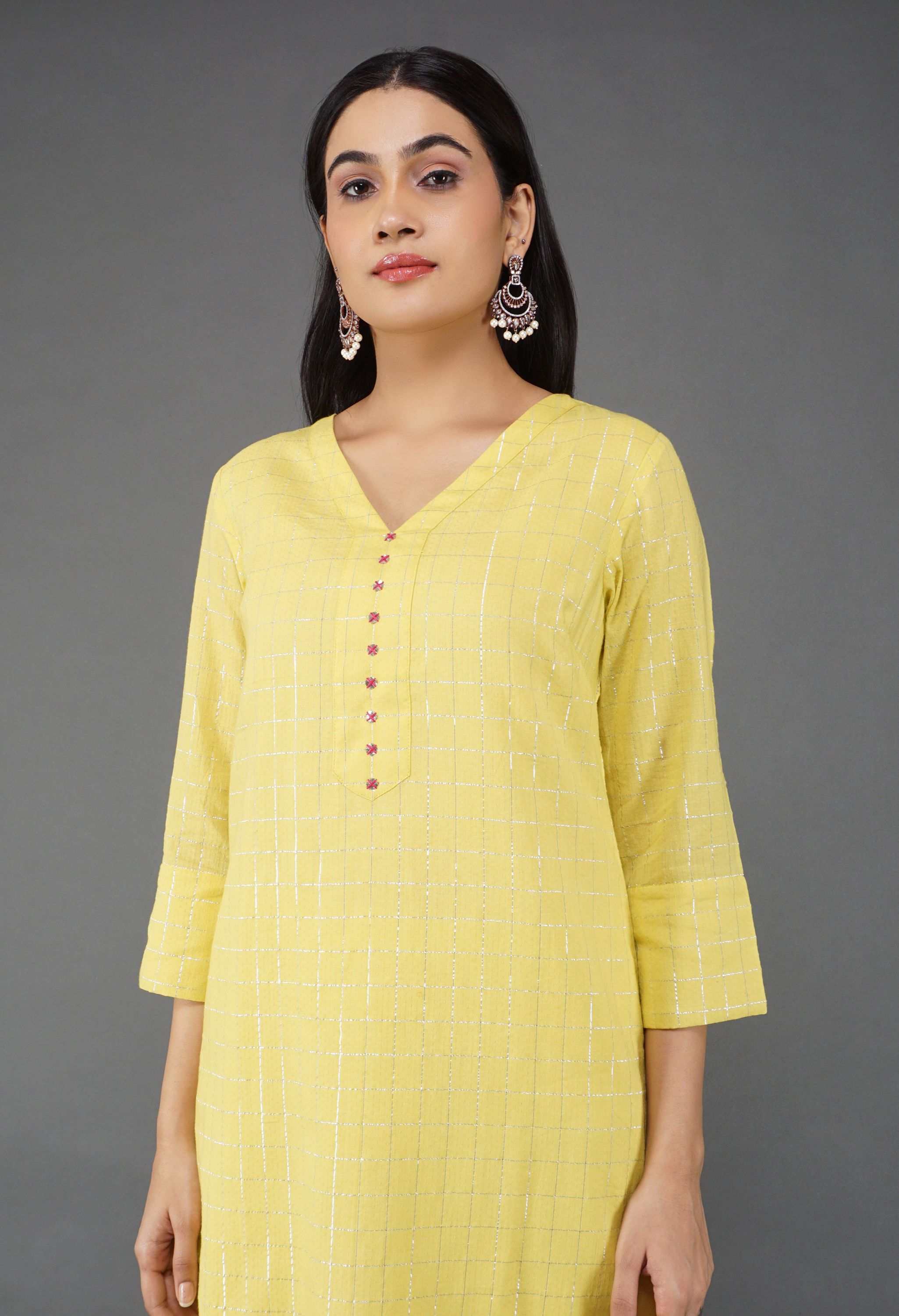 Lime Yellow Lurex Kurta Set | Yellow Lurex kurta set