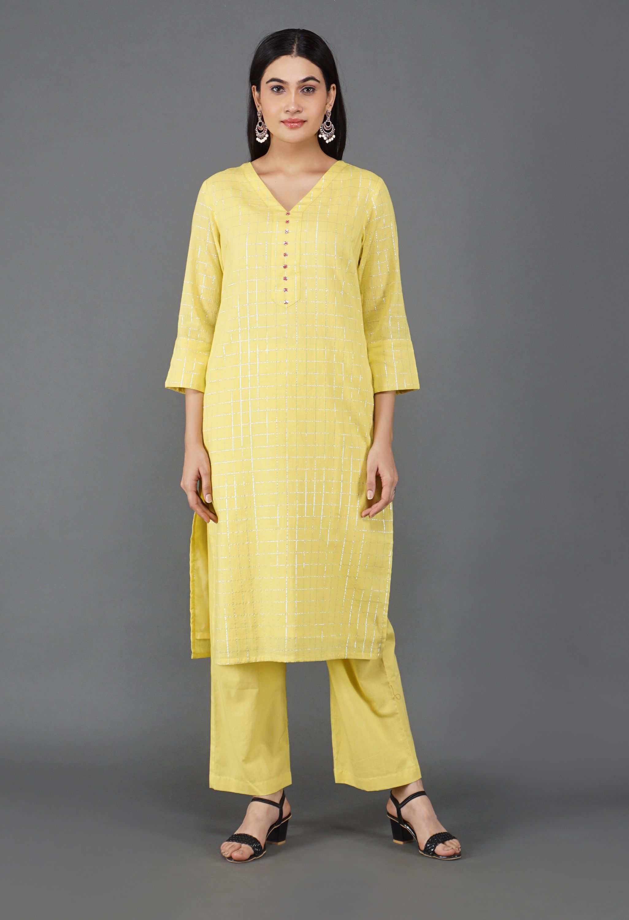 Lime Yellow Lurex Kurta Set | Yellow Lurex kurta set