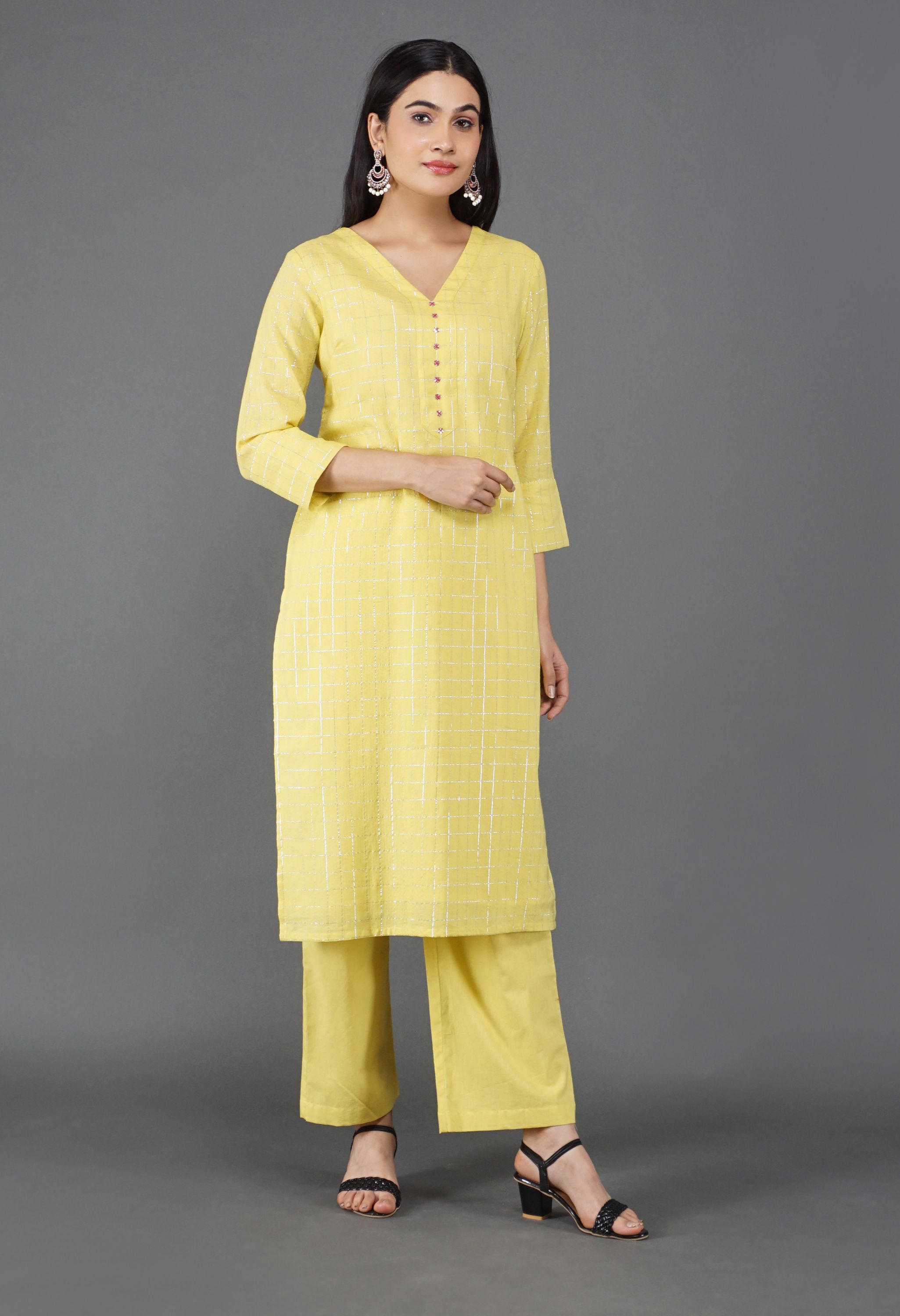 Lime Yellow Lurex Kurta Set | Yellow Lurex kurta set