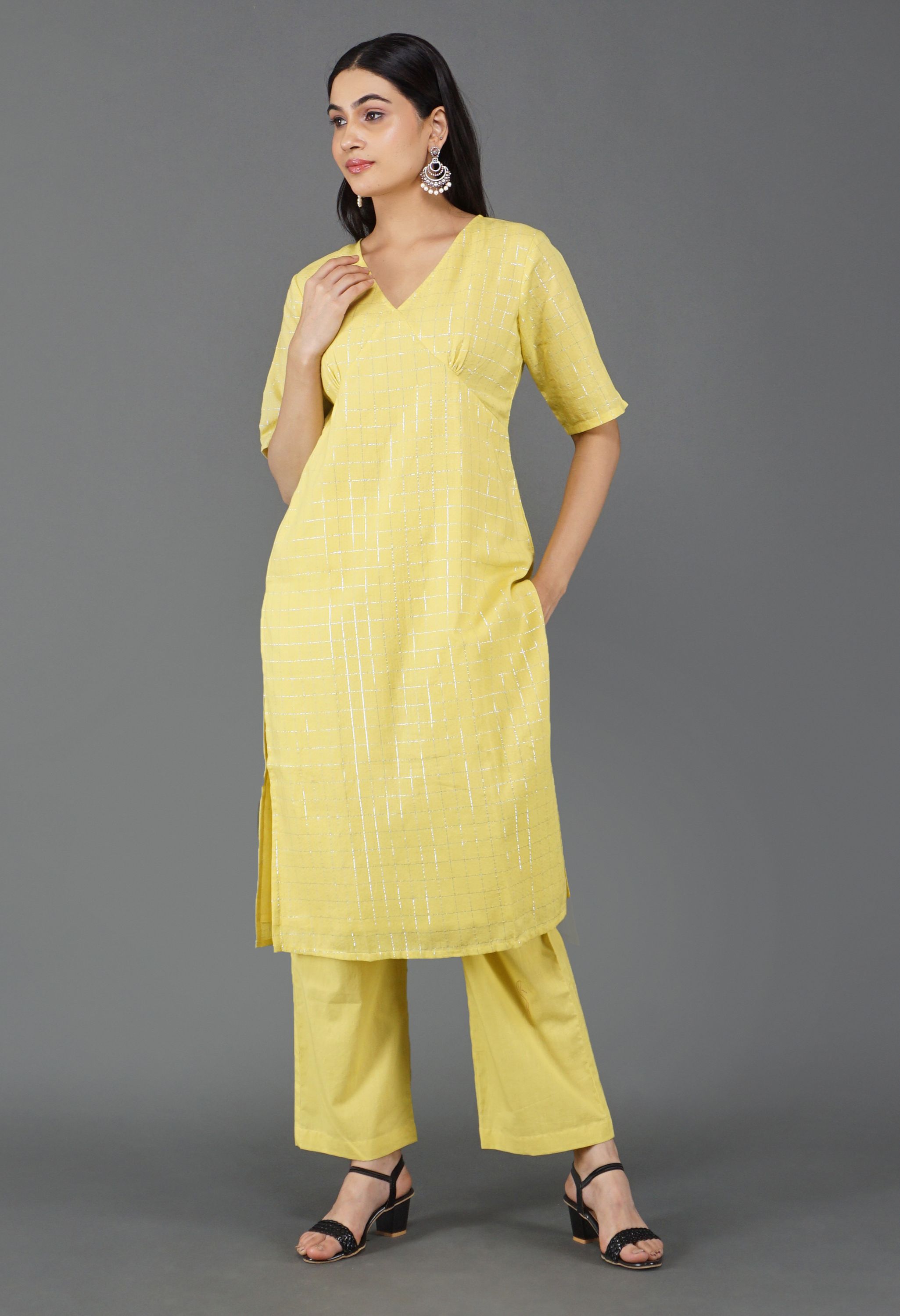 Lime Yellow Cotton Lurex Kurta Set | Yellow Cotton Lurex Kurta Set