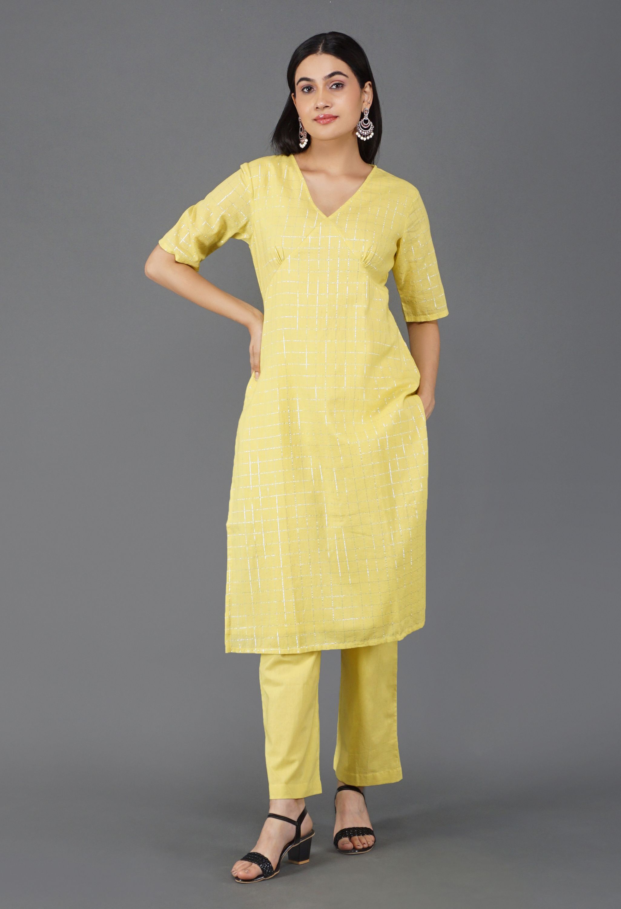 Lime Yellow Cotton Lurex Kurta Set | Yellow Cotton Lurex Kurta Set