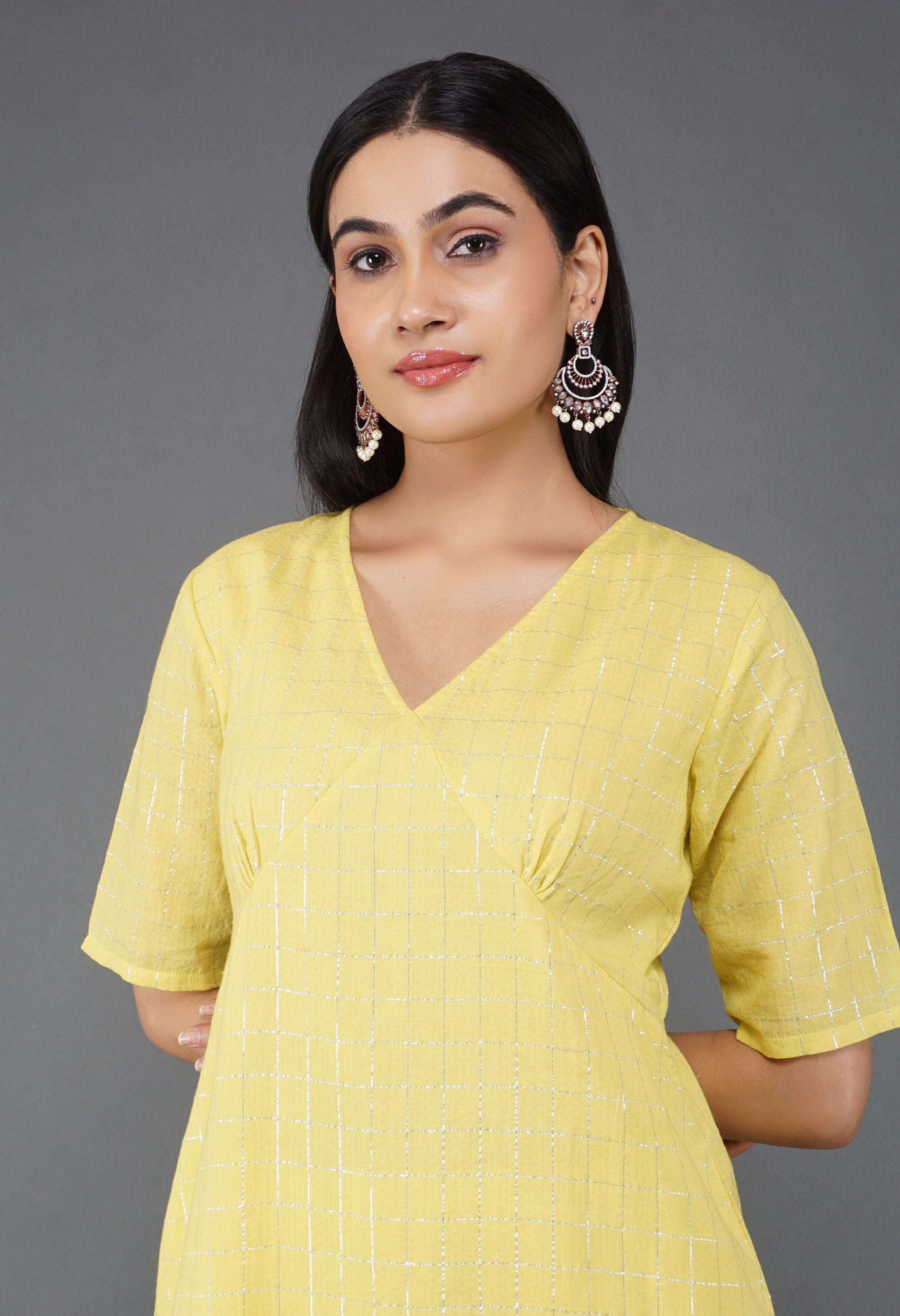 Lime Yellow Cotton Lurex Kurta Set | Yellow Cotton Lurex Kurta Set