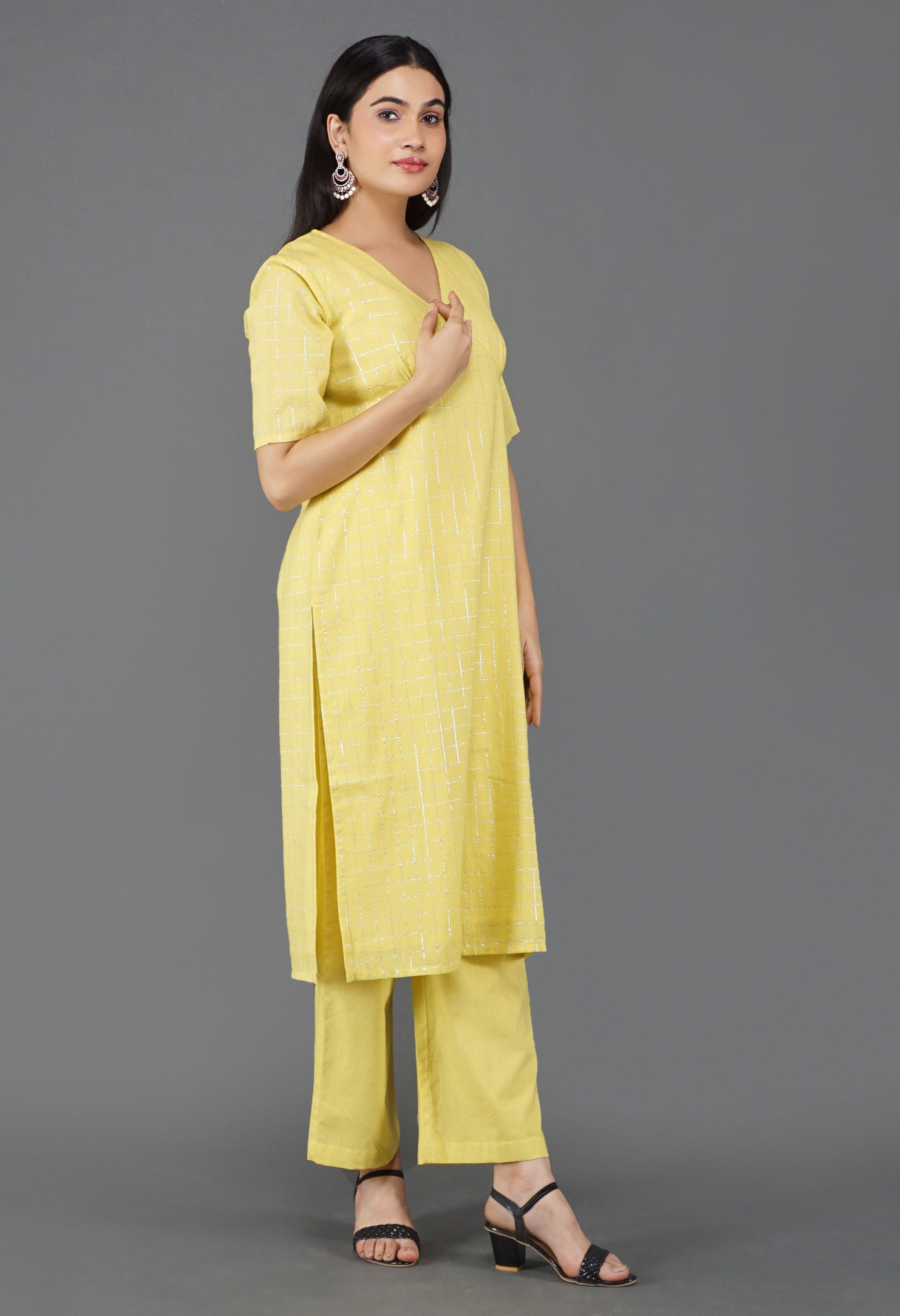 Lime Yellow Cotton Lurex Kurta Set | Yellow Cotton Lurex Kurta Set
