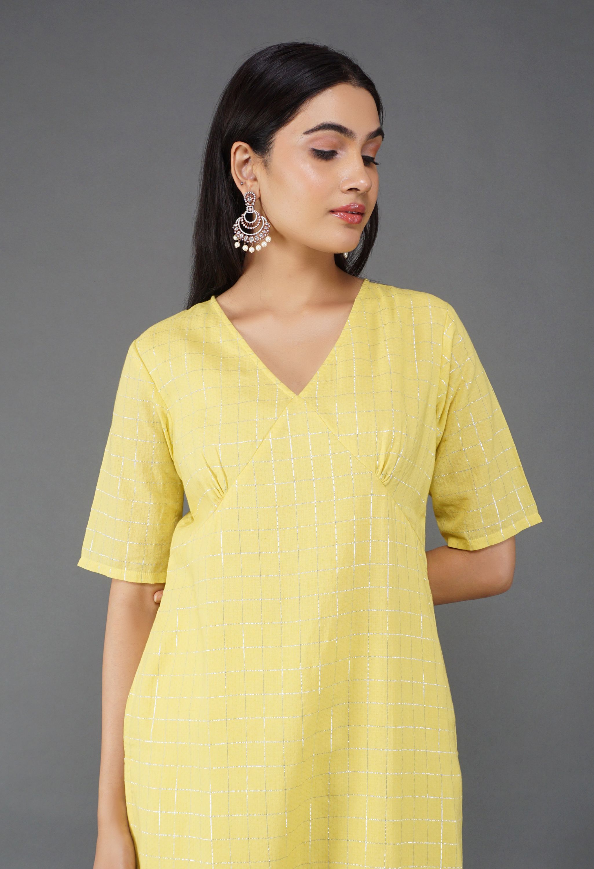 Lime Yellow Cotton Lurex Kurta Set | Yellow Cotton Lurex Kurta Set