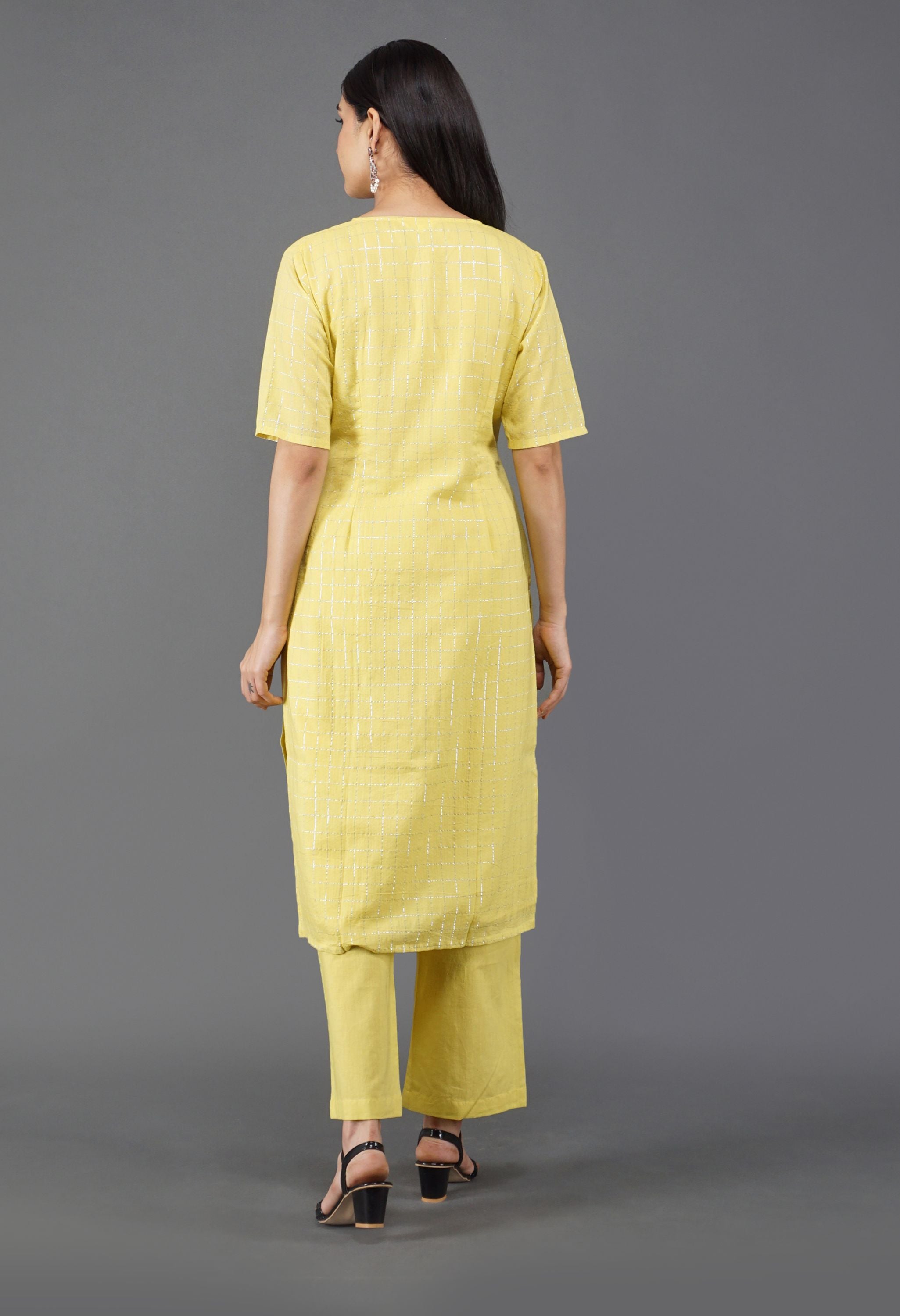 Lime Yellow Cotton Lurex Kurta Set | Yellow Cotton Lurex Kurta Set