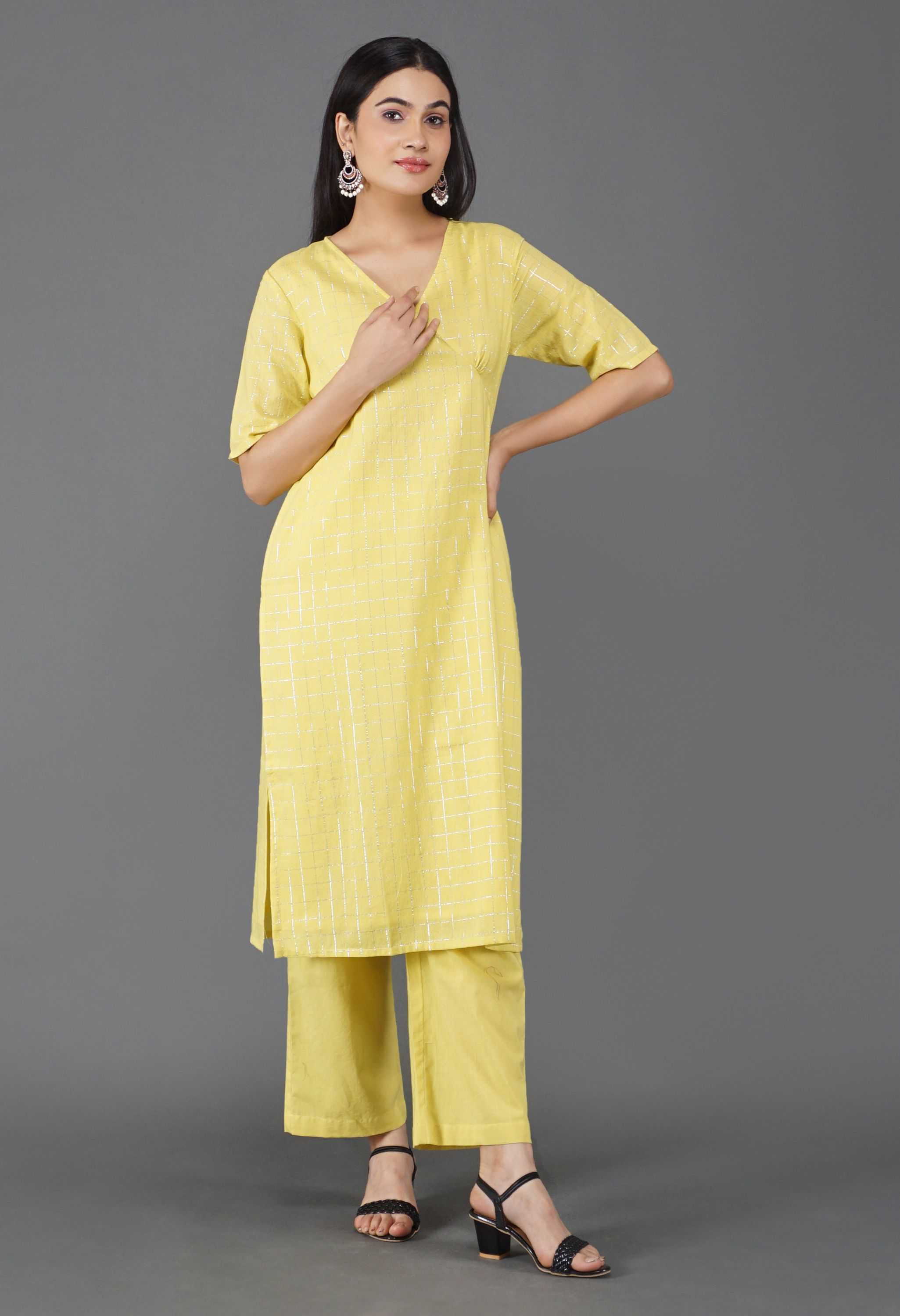 Lime Yellow Cotton Lurex Kurta Set | Yellow Cotton Lurex Kurta Set