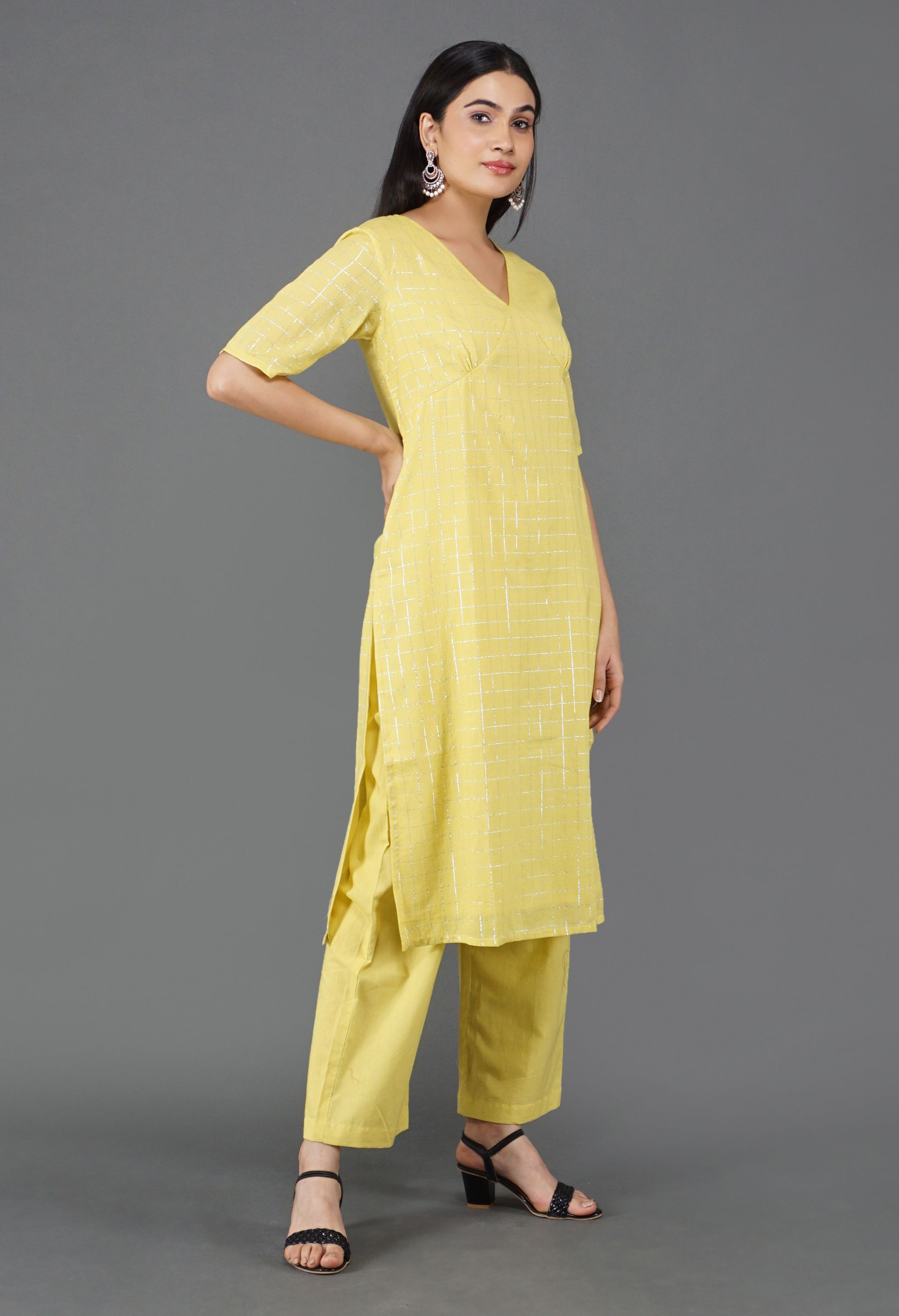 Lime Yellow Cotton Lurex Kurta Set | Yellow Cotton Lurex Kurta Set