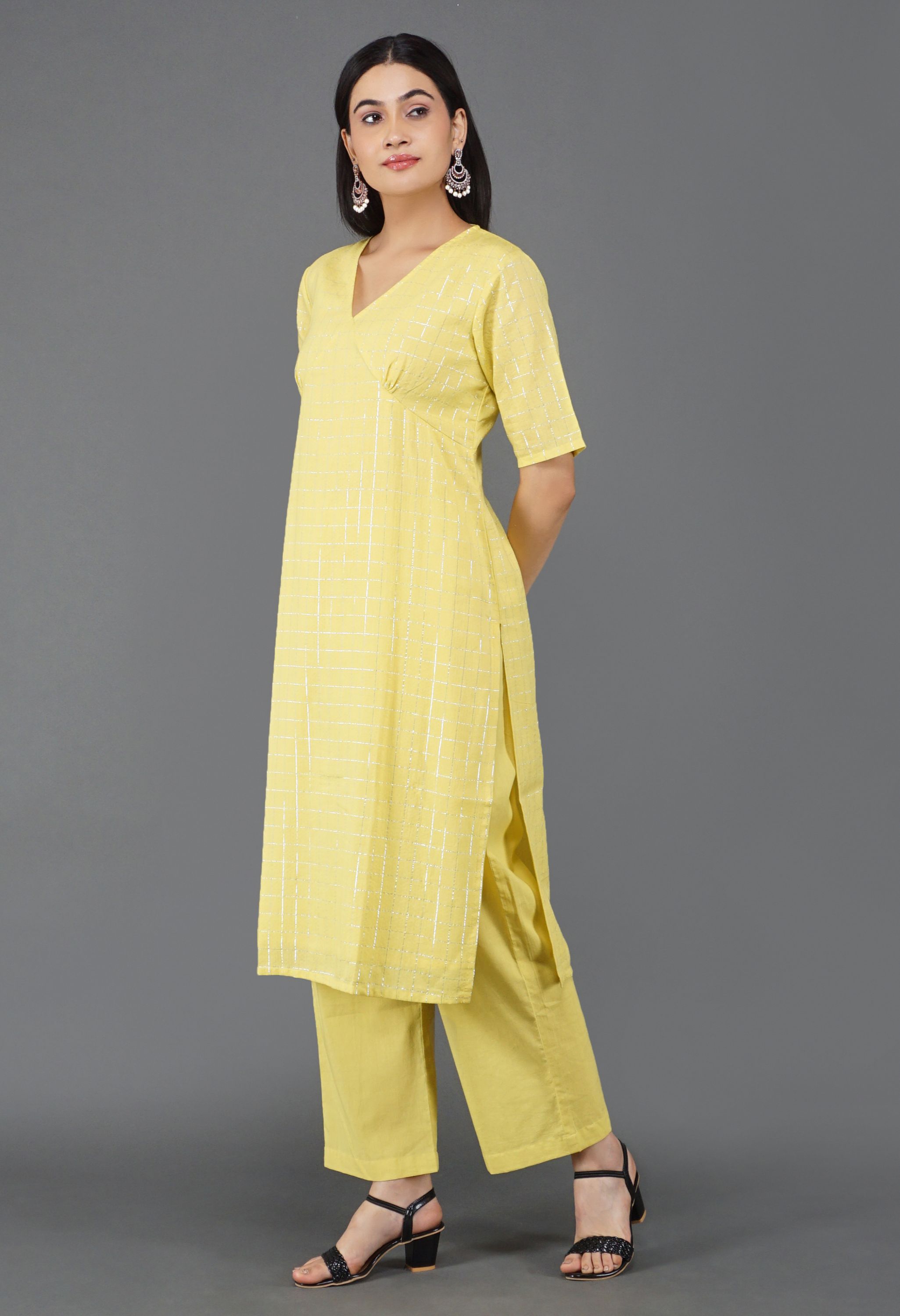 Lime Yellow Cotton Lurex Kurta Set | Yellow Cotton Lurex Kurta Set