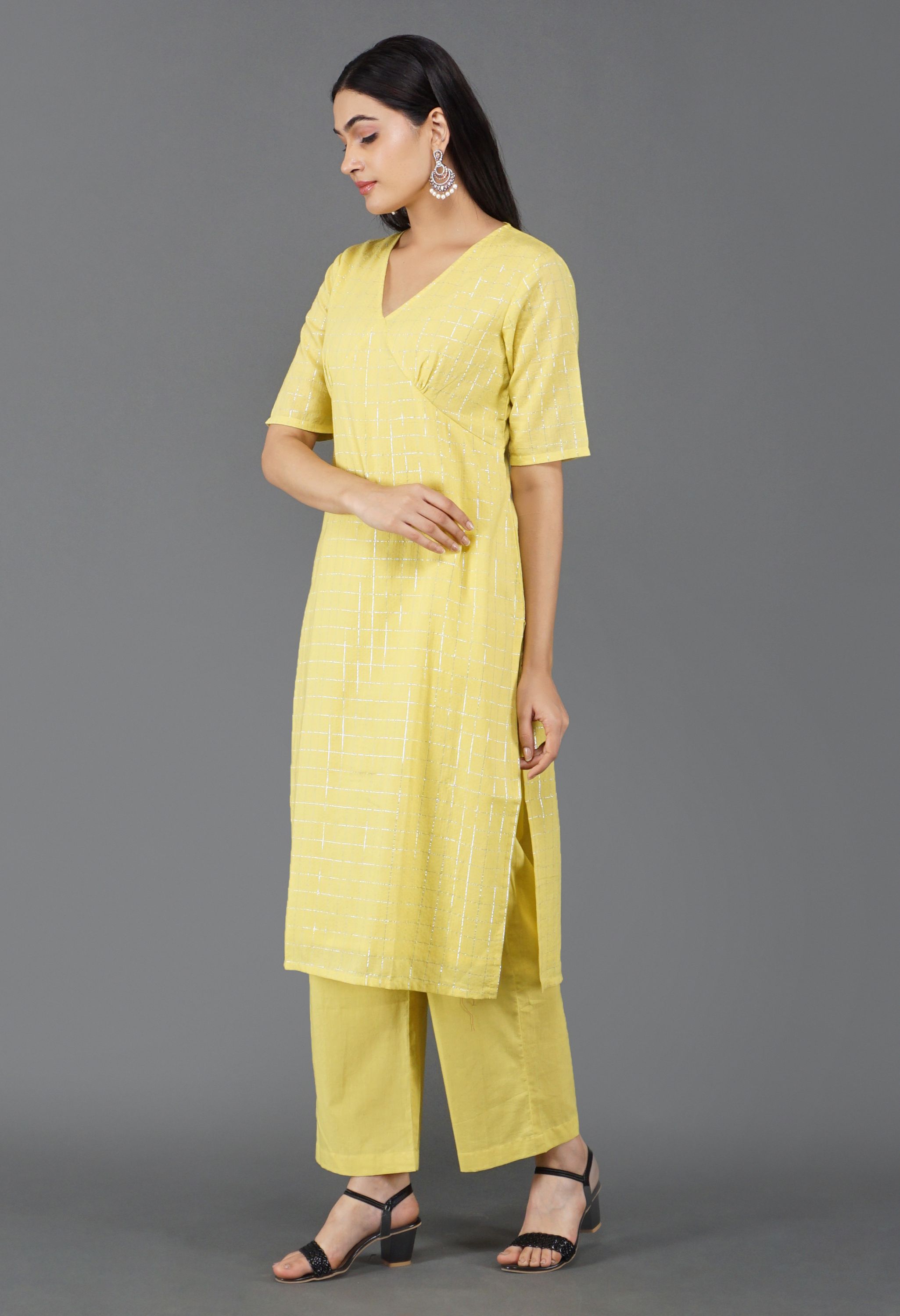 Lime Yellow Cotton Lurex Kurta Set | Yellow Cotton Lurex Kurta Set