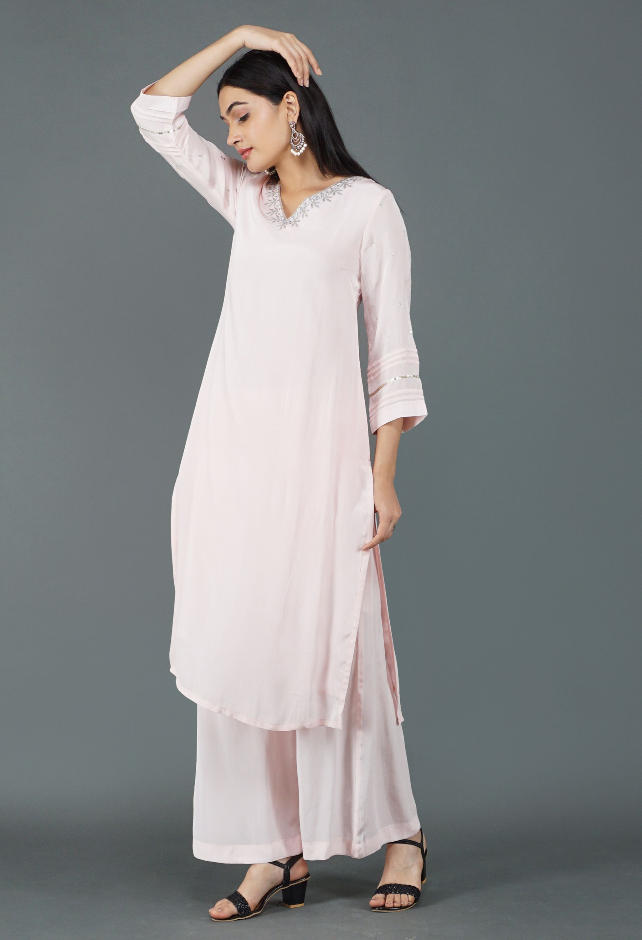 Baby Pink Crepe Kurta Set | Pink Crepe Kurta Set for Women
