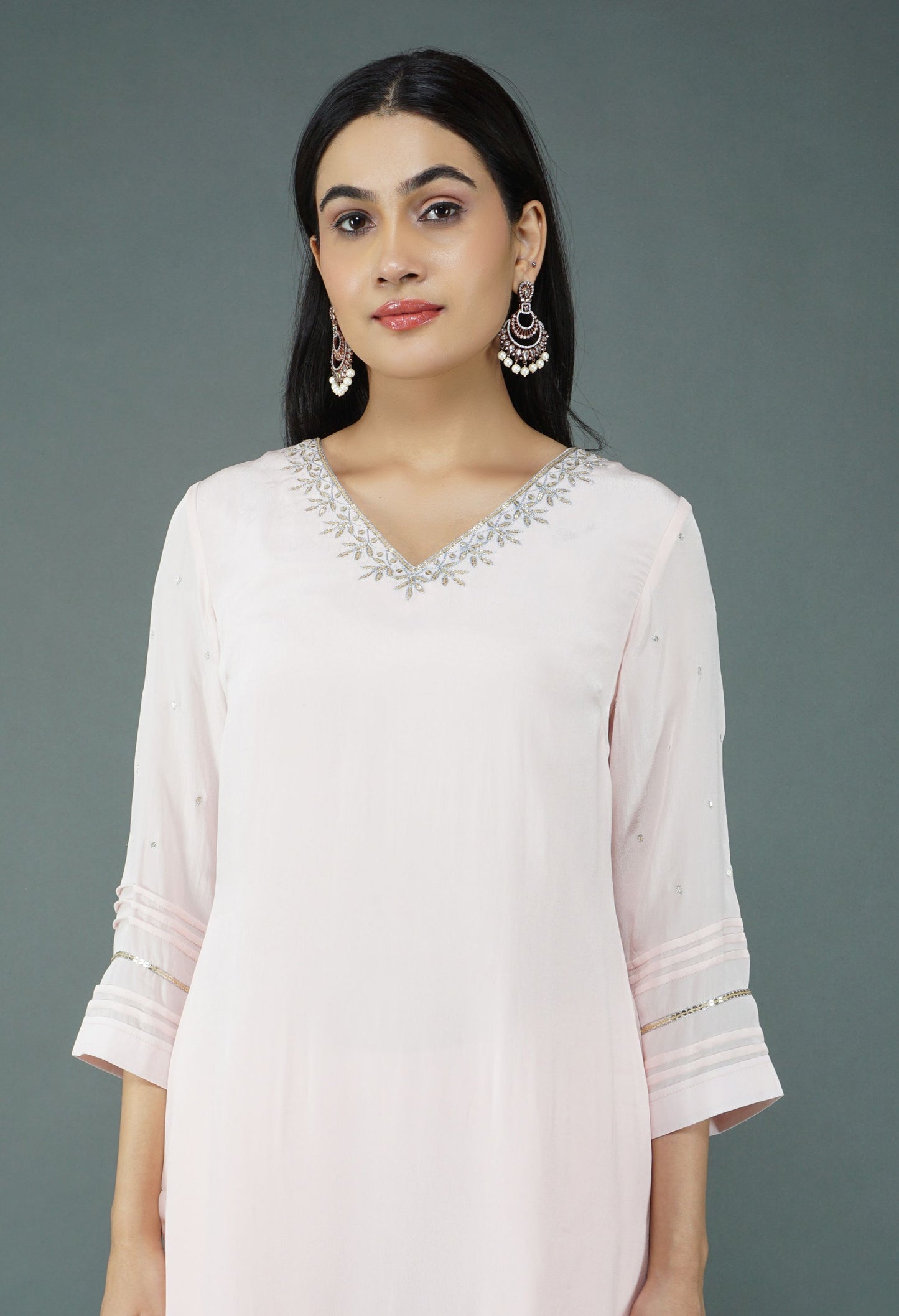 Baby Pink Crepe Kurta Set | Pink Crepe Kurta Set for Women