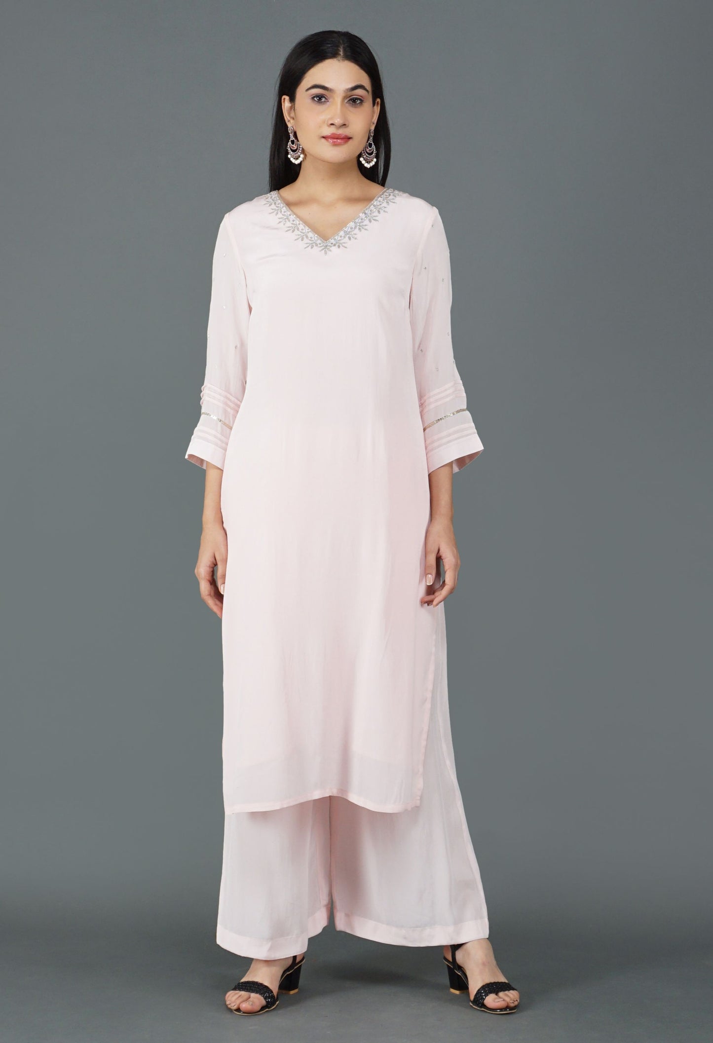 Baby Pink Crepe Kurta Set | Pink Crepe Kurta Set for Women